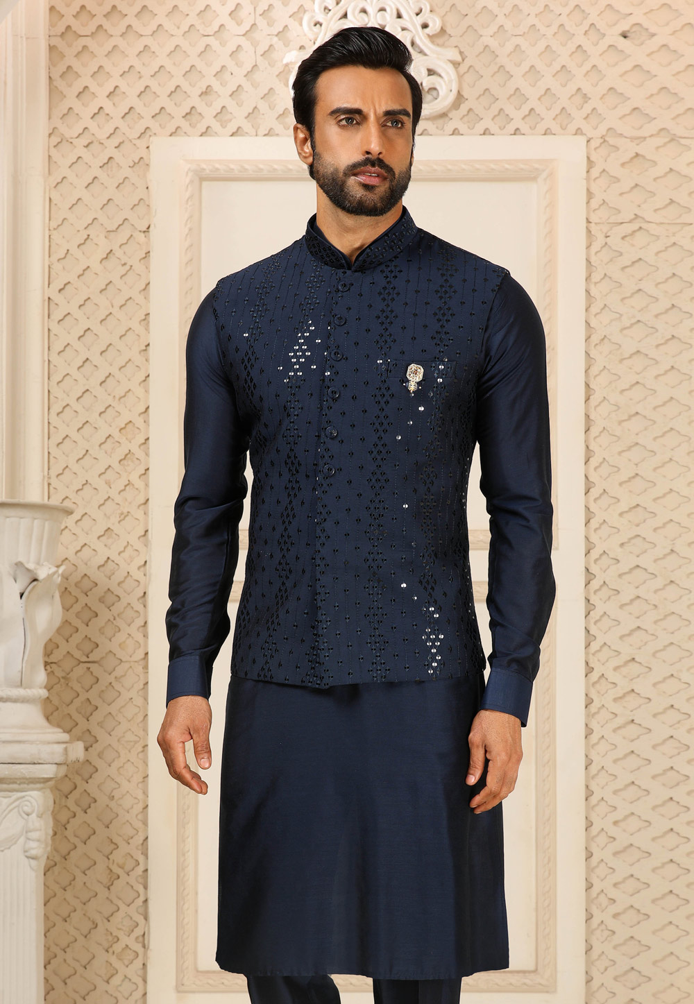 Navy Blue White Kurta Pajama With Blazer White Kurta Pajama With