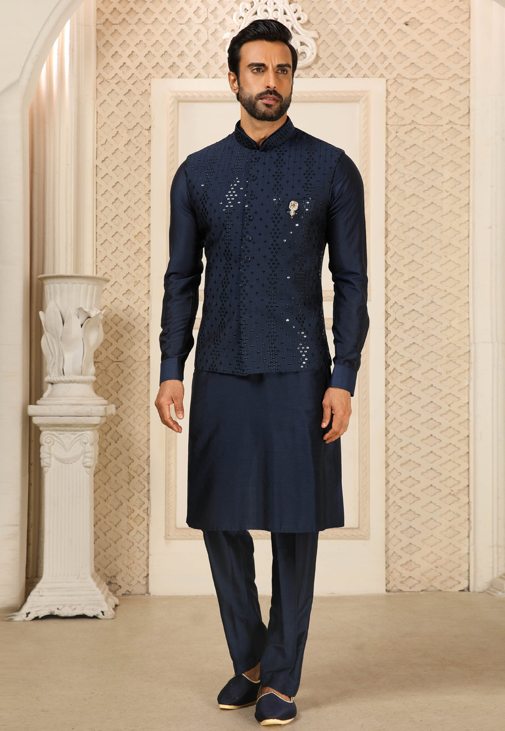 Navy Blue Art Silk Kurta Pajama With Jacket 251672