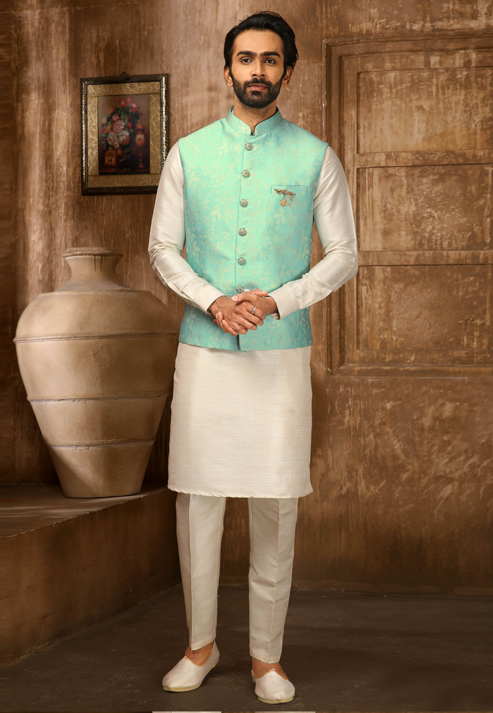 Cream Jacquard Kurta Pajama With Jacket 251681