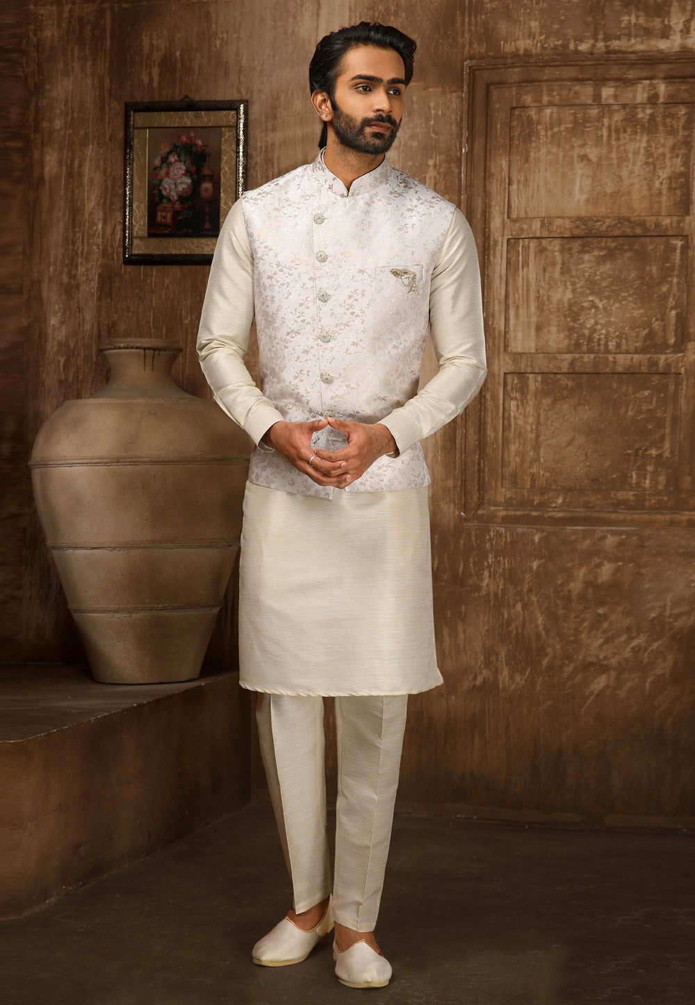 Cream Jacquard Kurta Pajama With Jacket 251683
