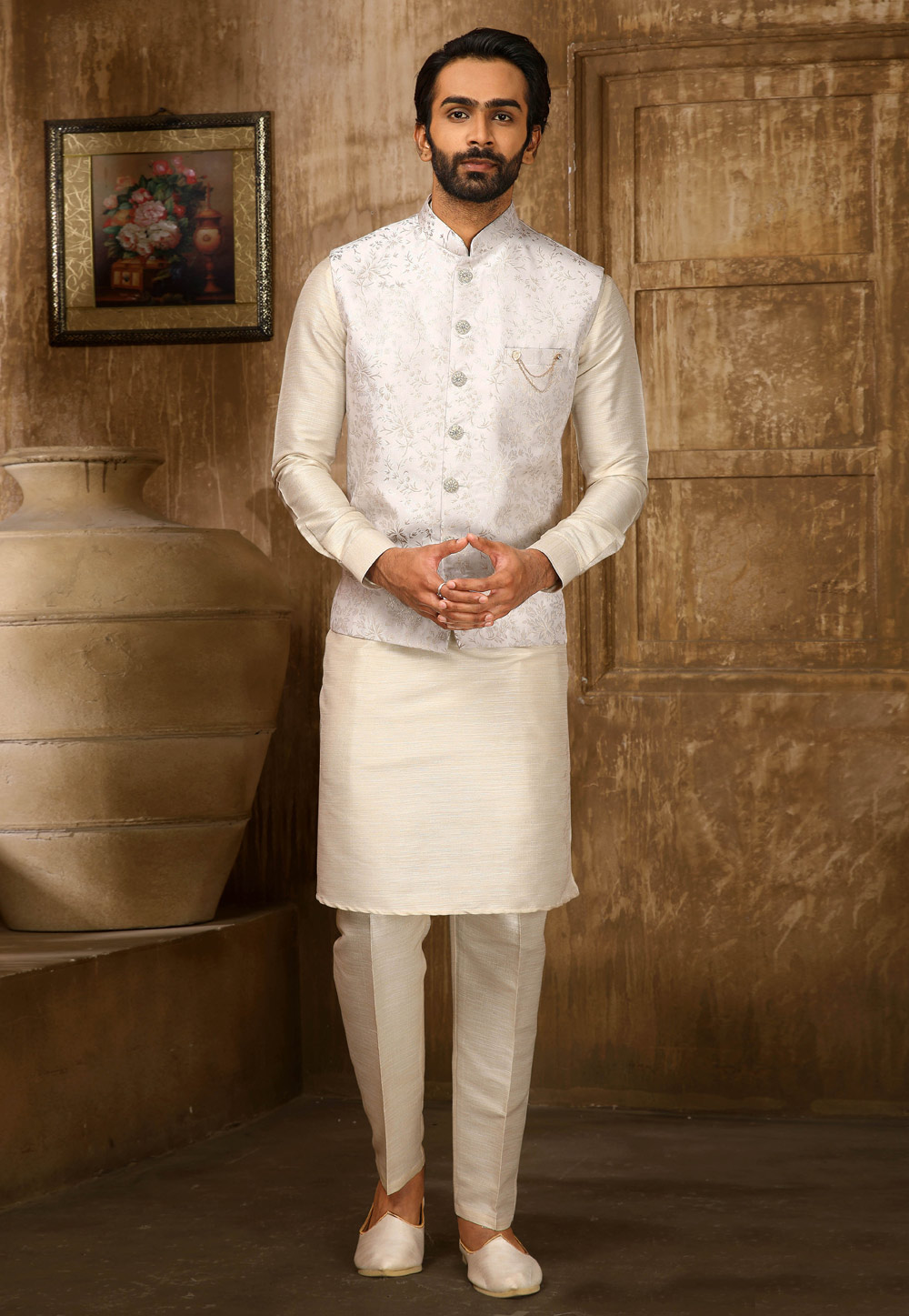 Cream Jacquard Kurta Pajama With Jacket 251685