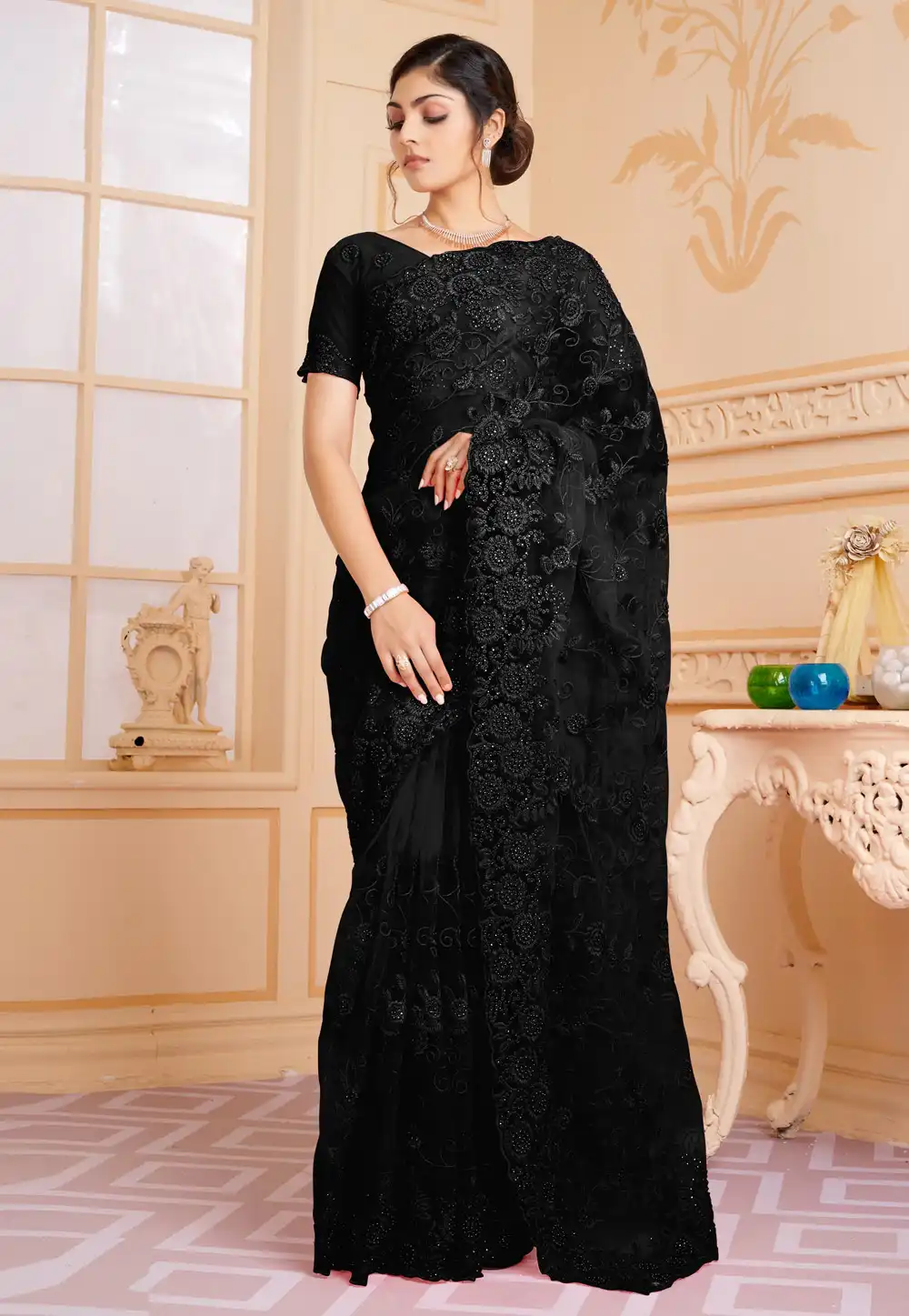 Black Net Saree With Blouse 254668