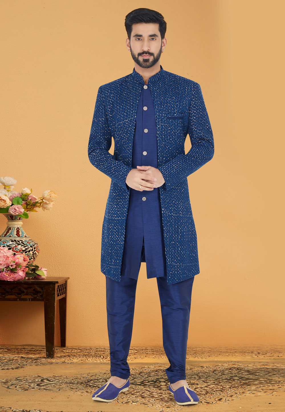 Navy Blue Georgette Indo Western Suit 259854