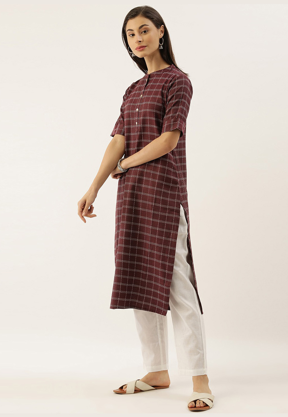 Wine Cotton Readymade Kurti 213494