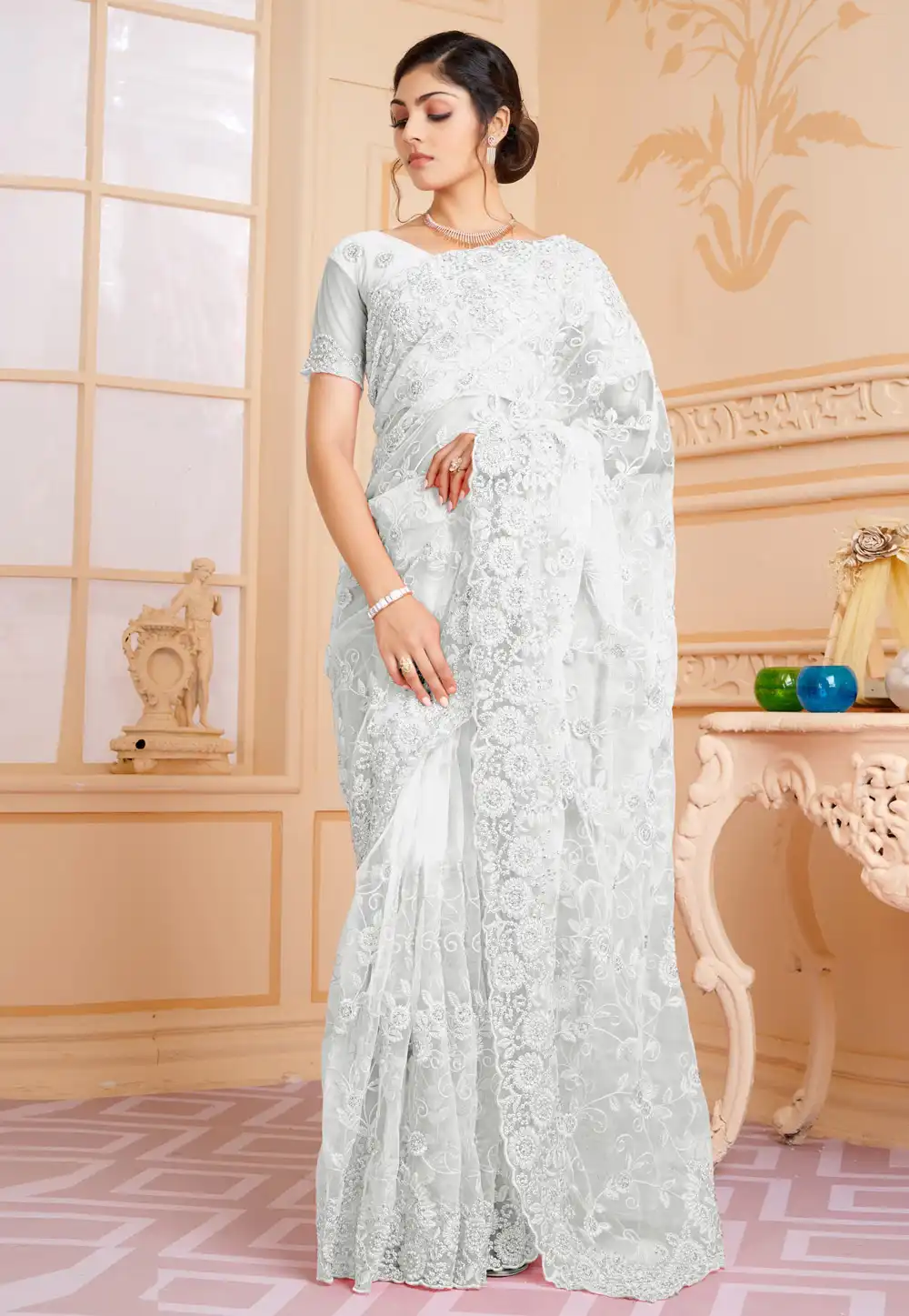 White Net Saree With Blouse 254669