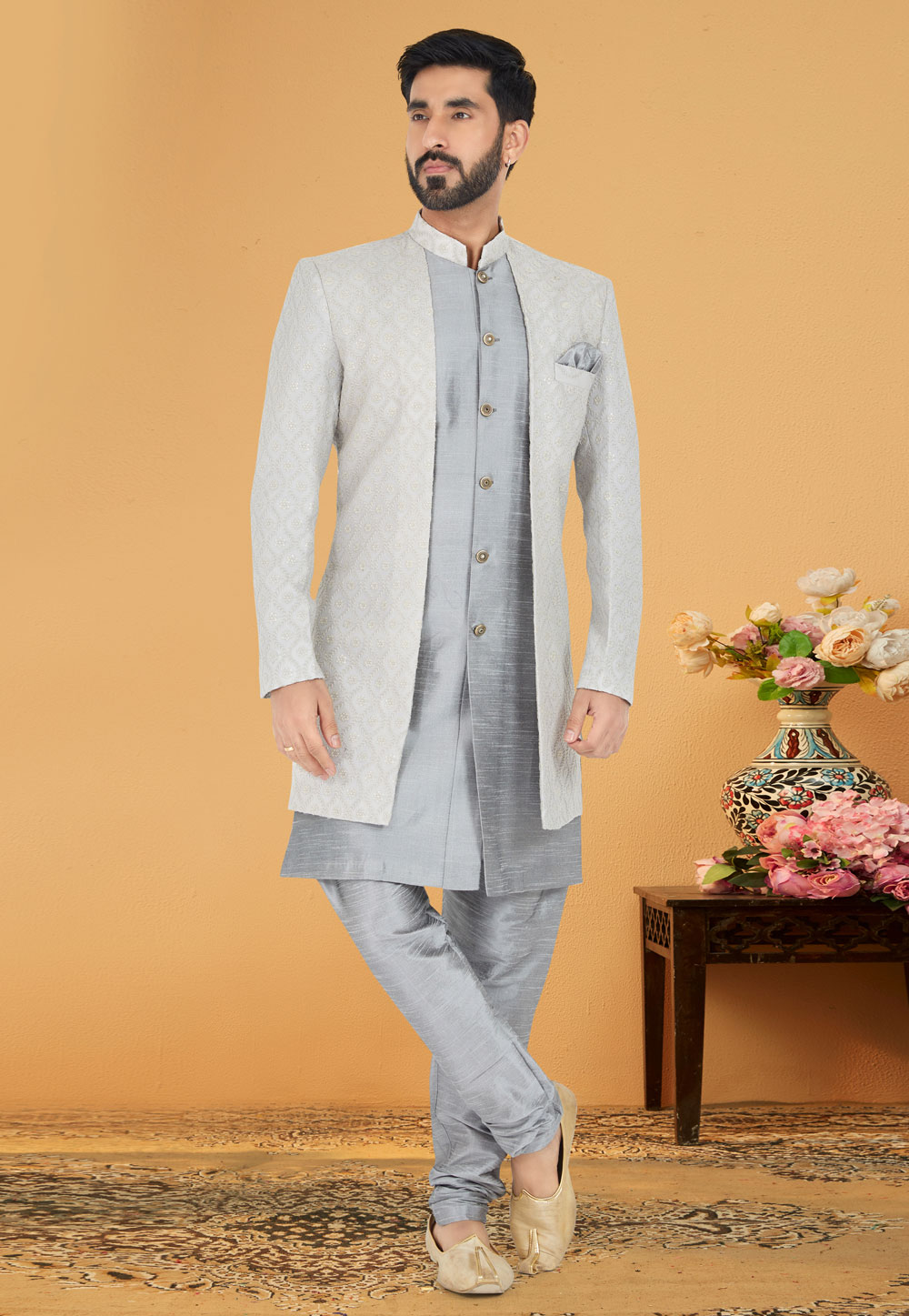 Off White Georgette Indo Western Suit 259855