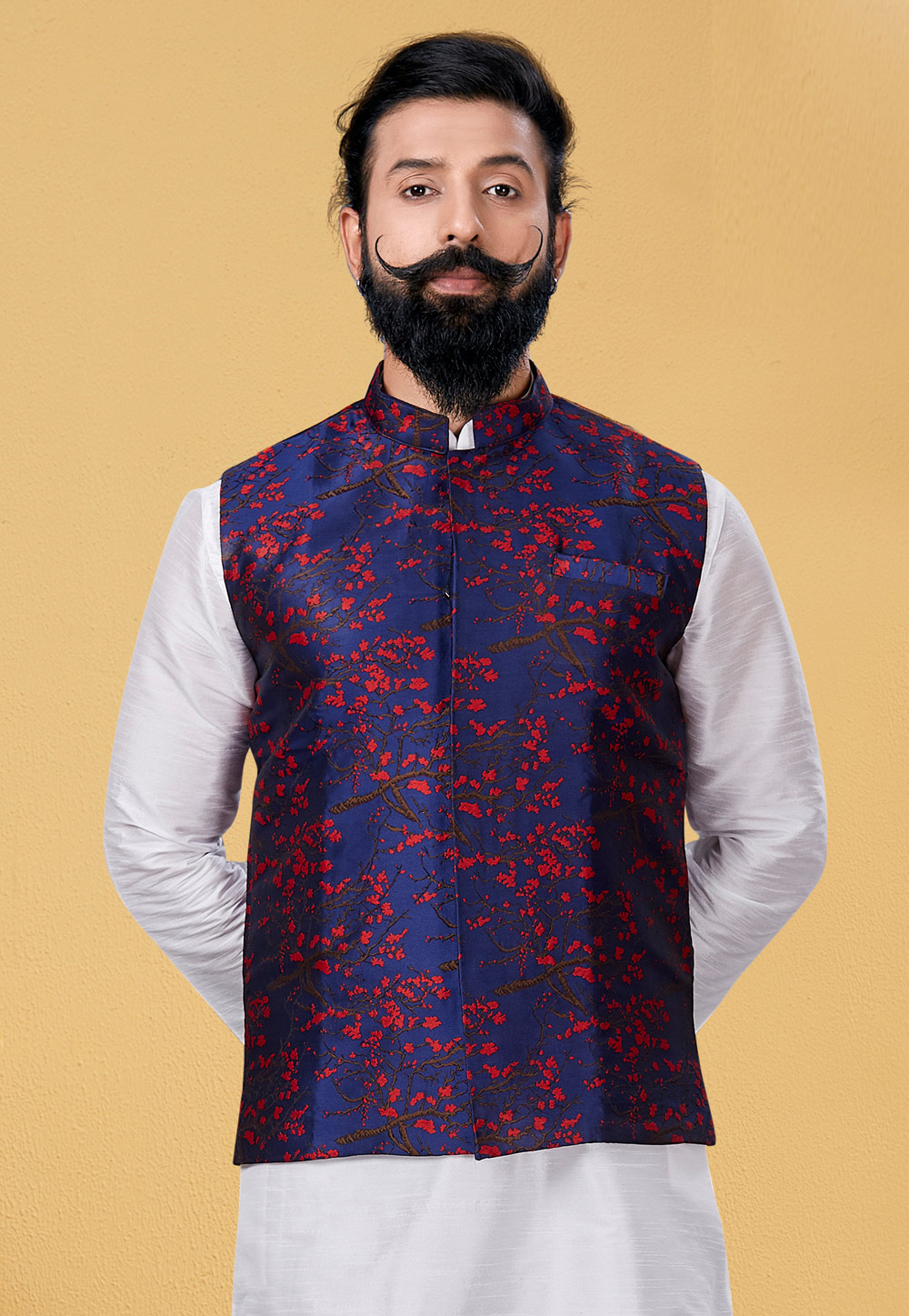 Navy Blue Silk Nehru Jacket 271547