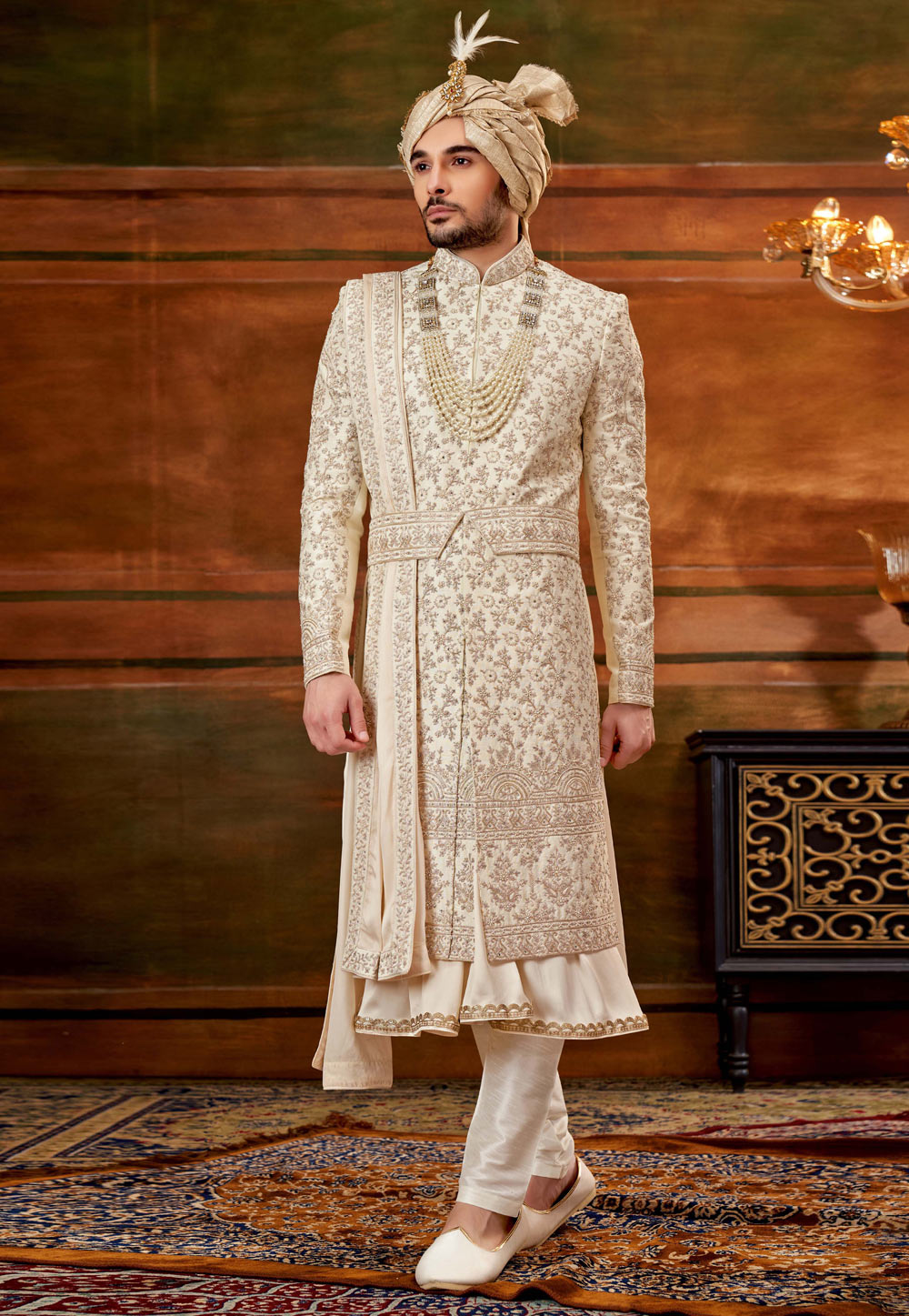 Cream Art Silk Anarkali Sherwani 252177