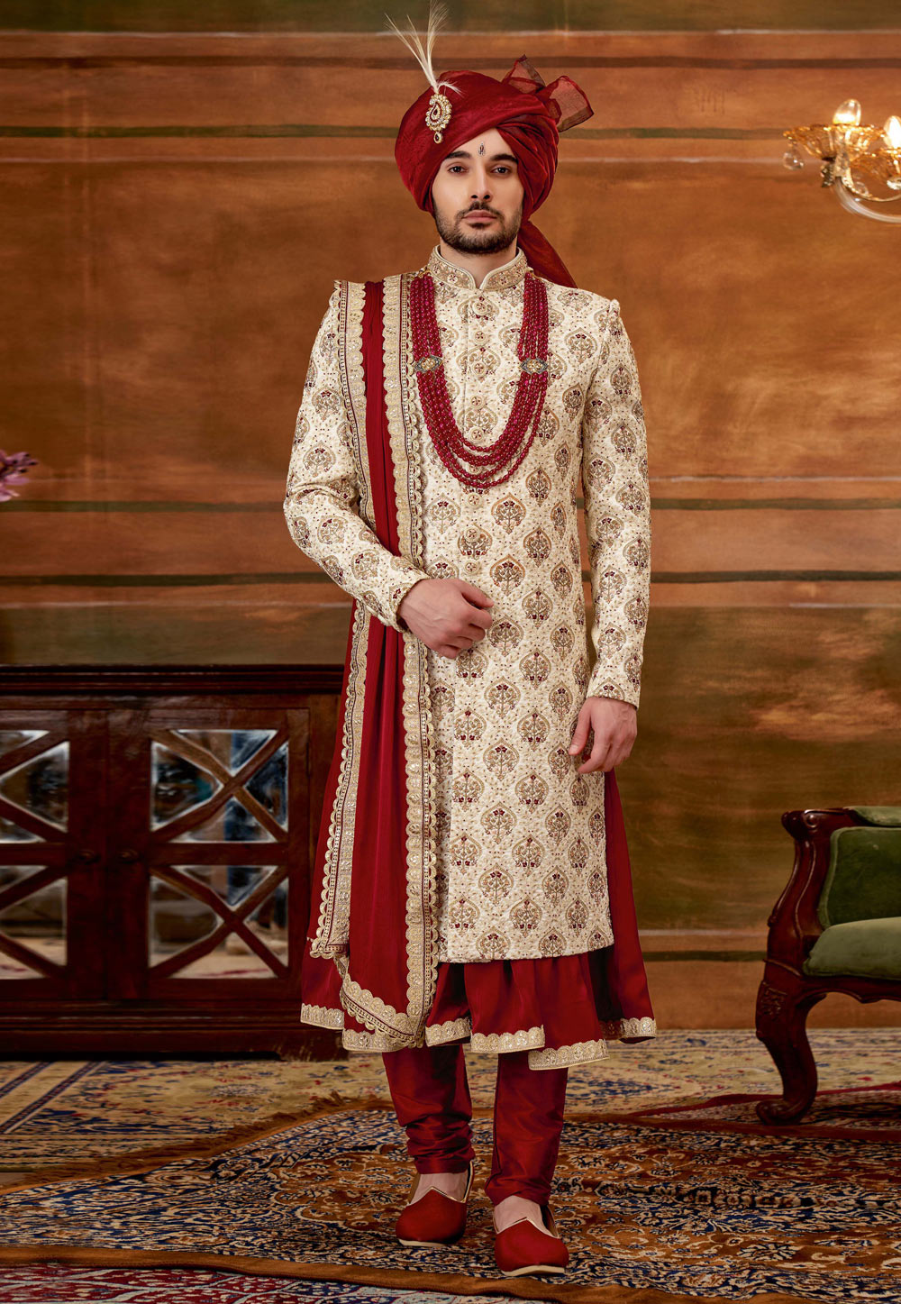 Cream Art Silk Anarkali Sherwani 252178