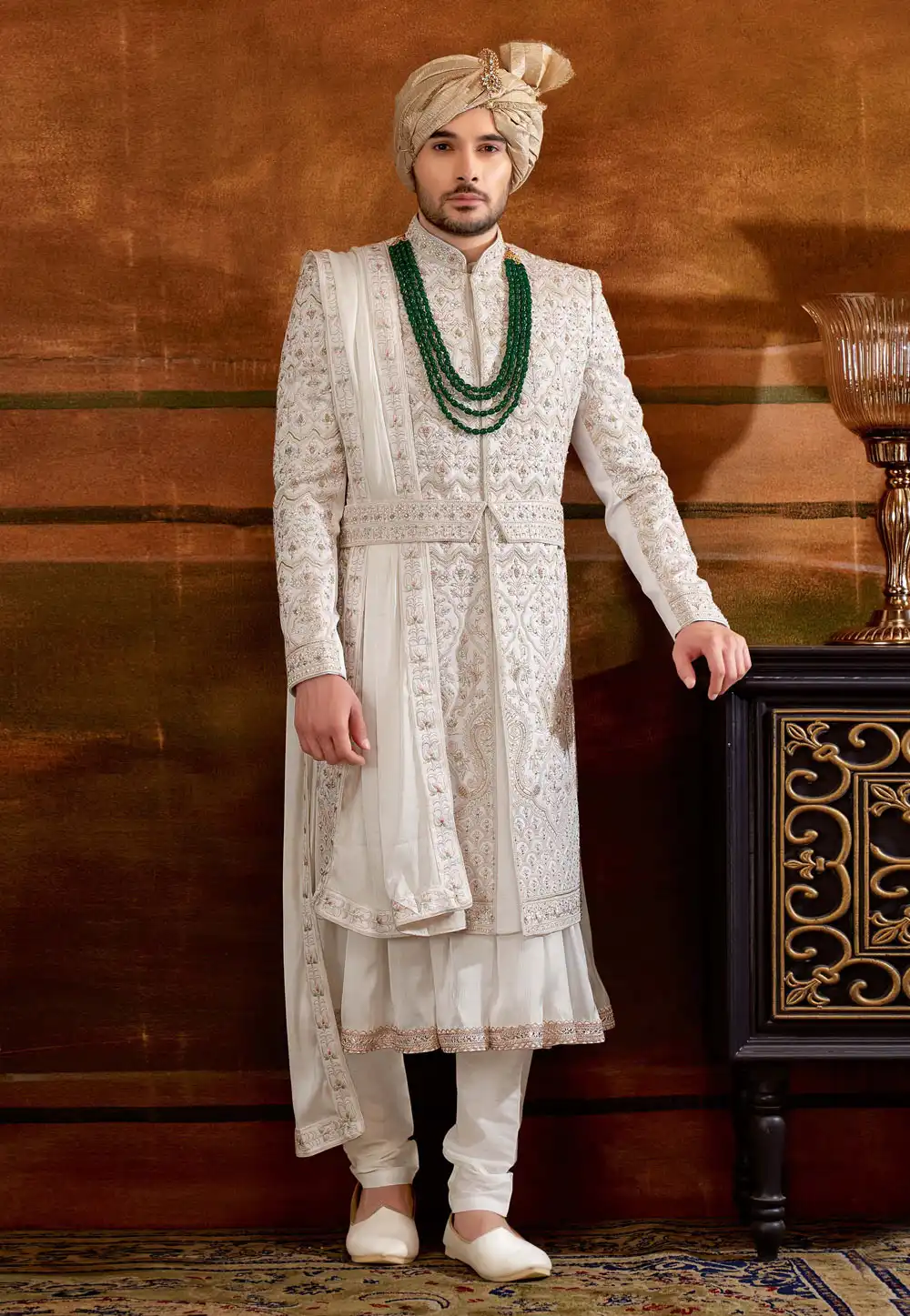 Off White Art Silk Anarkali Sherwani 252179