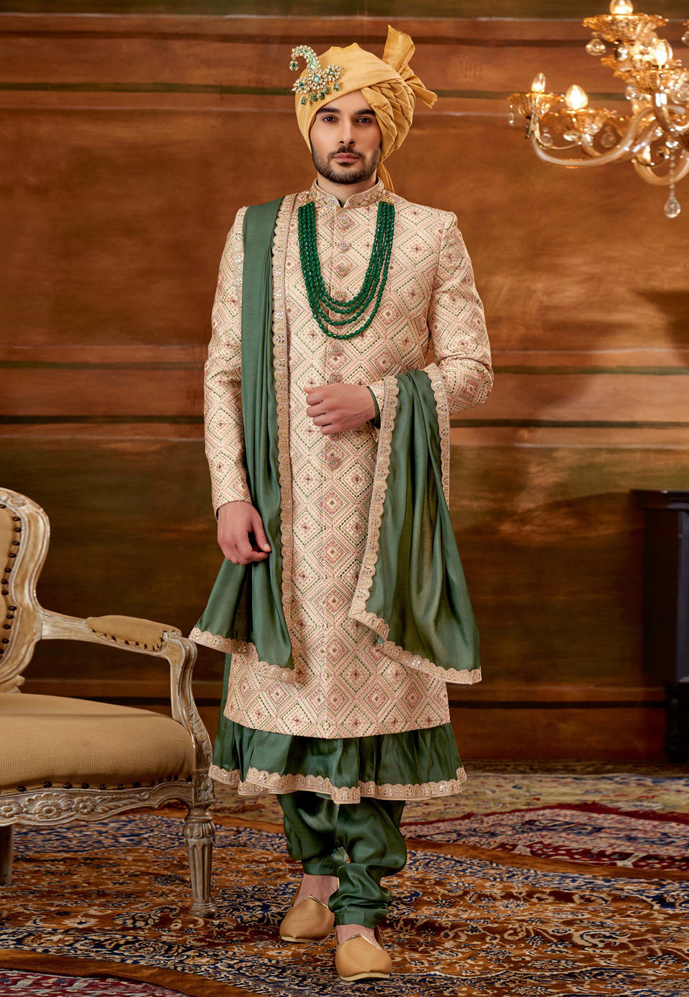 Cream Art Silk Anarkali Sherwani 252183