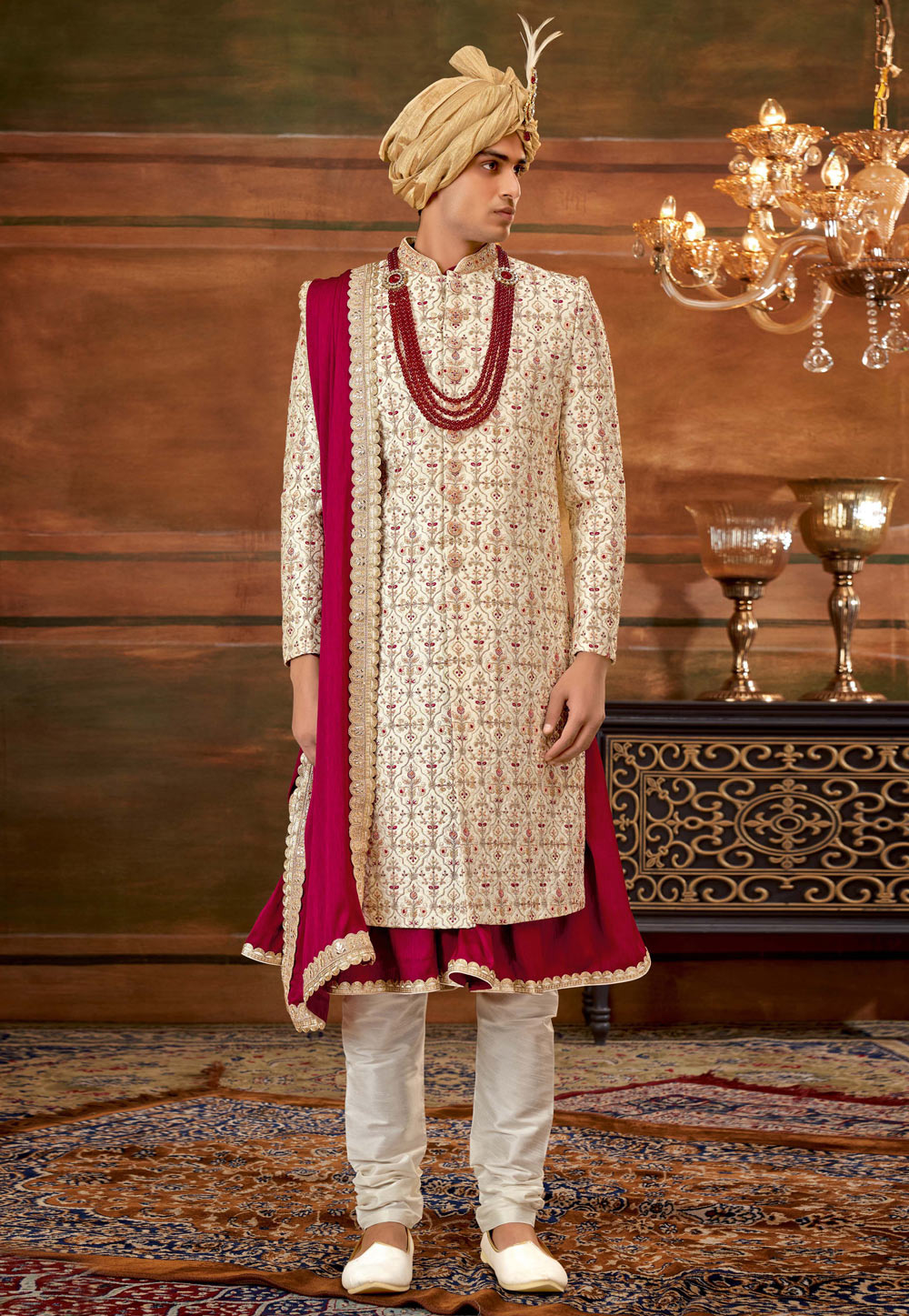 Cream Art Silk Anarkali Sherwani 252186