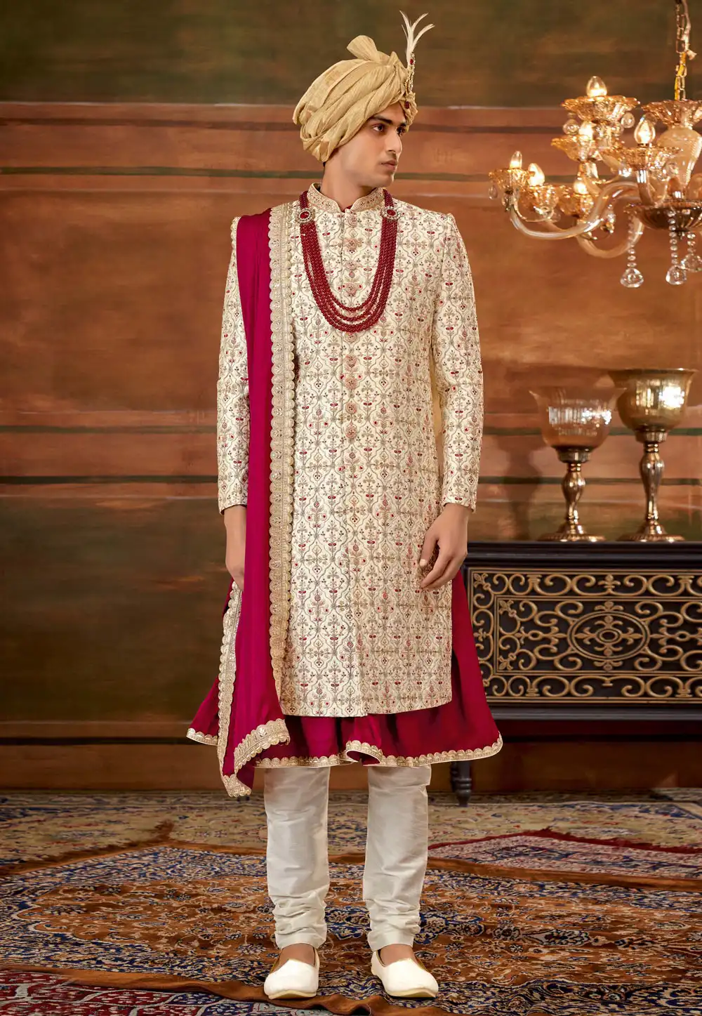 Cream Art Silk Anarkali Sherwani 252186