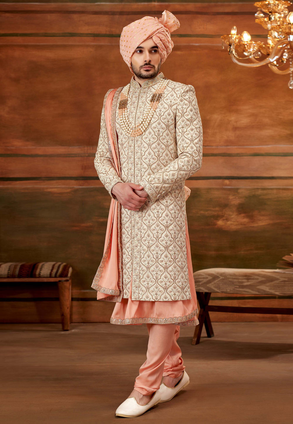 Cream Art Silk Anarkali Sherwani 252187