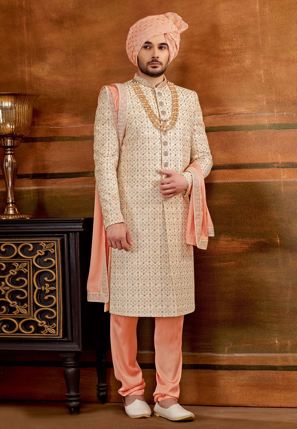 Cream Art Silk Sherwani 252190