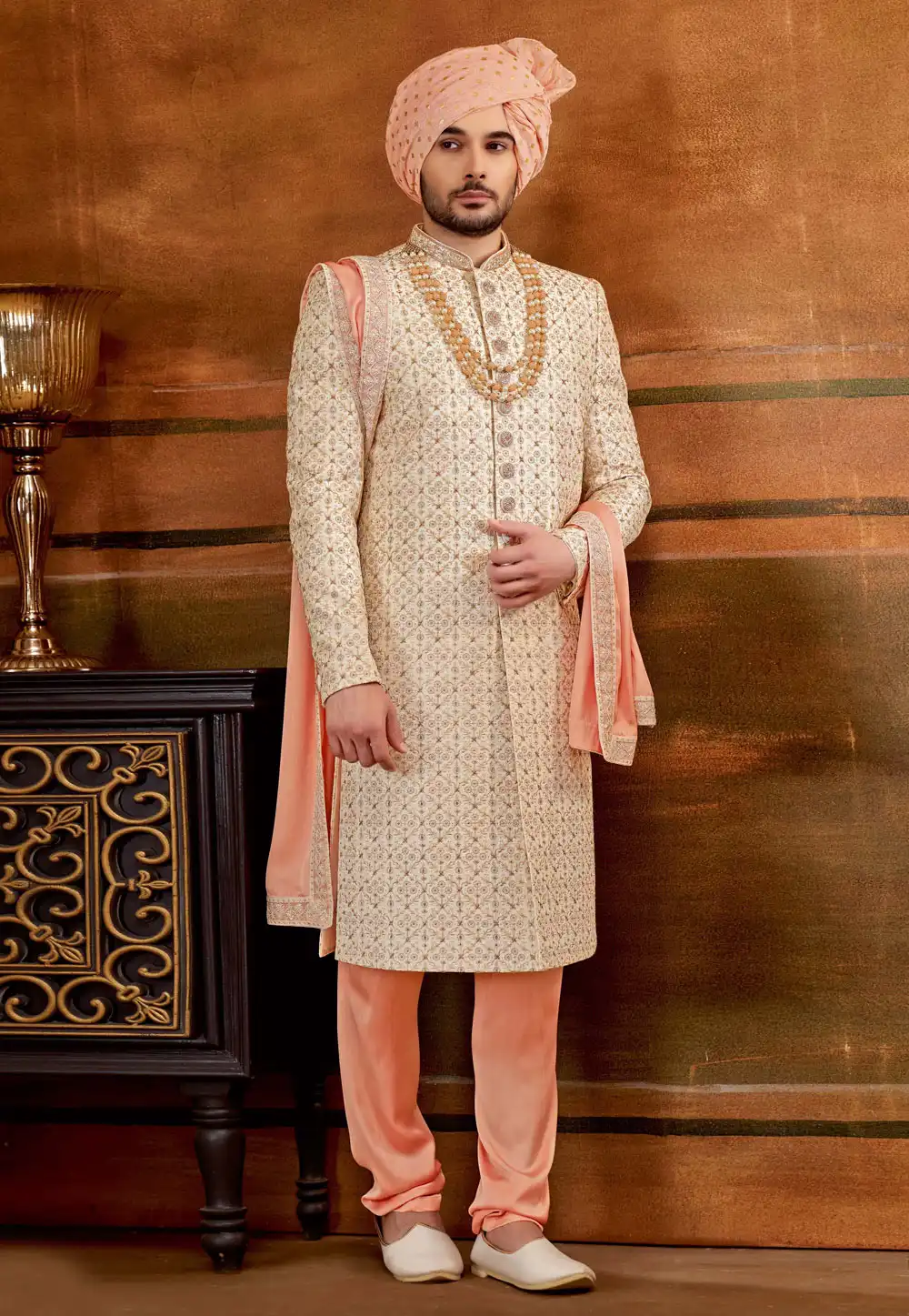 Cream Art Silk Sherwani 252190