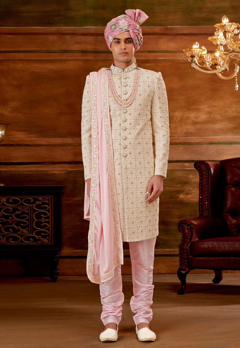 Cream Art Silk Sherwani 252191
