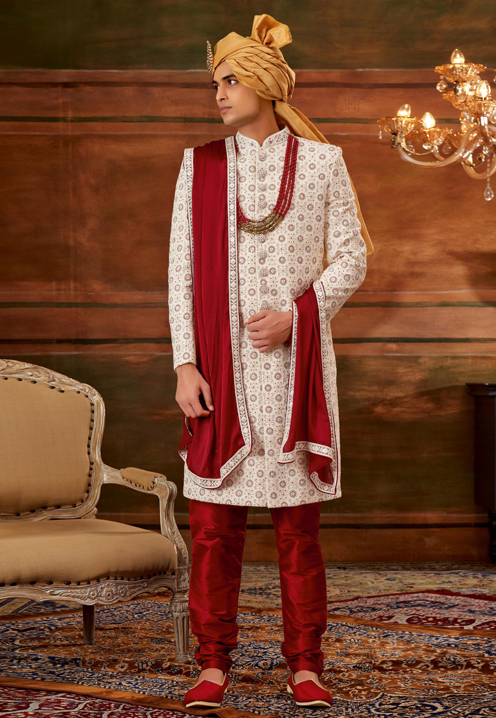 Off White Georgette Sherwani 252194