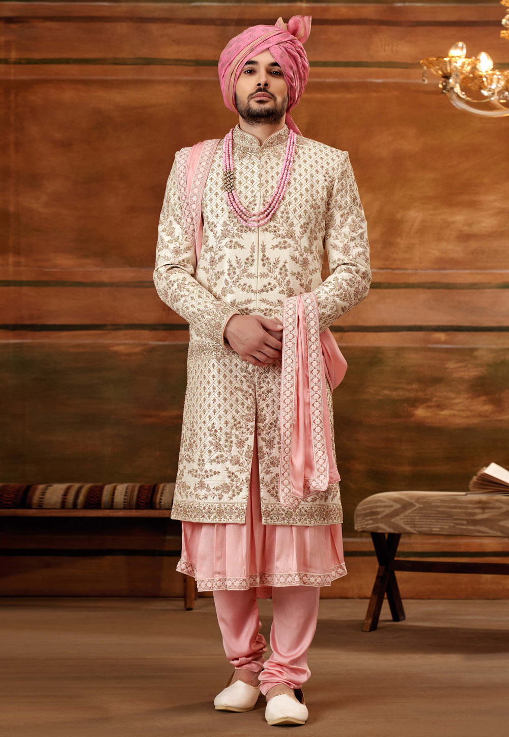 Cream Art Silk Anarkali Sherwani 252198