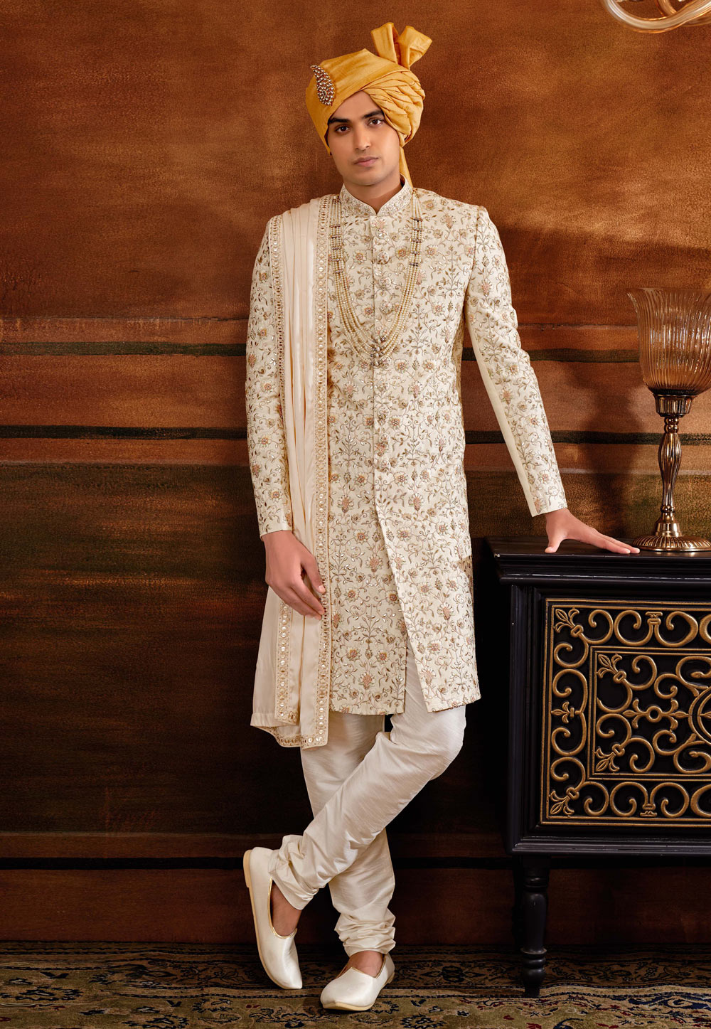 Cream Art Silk Sherwani 252204