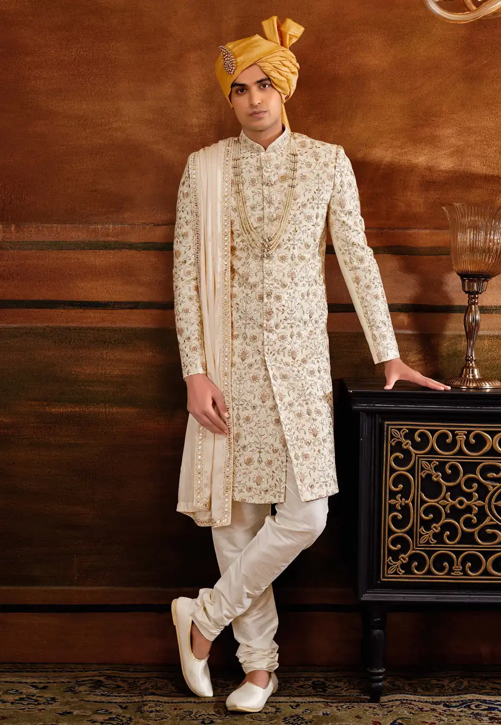 Cream Art Silk Sherwani 252204