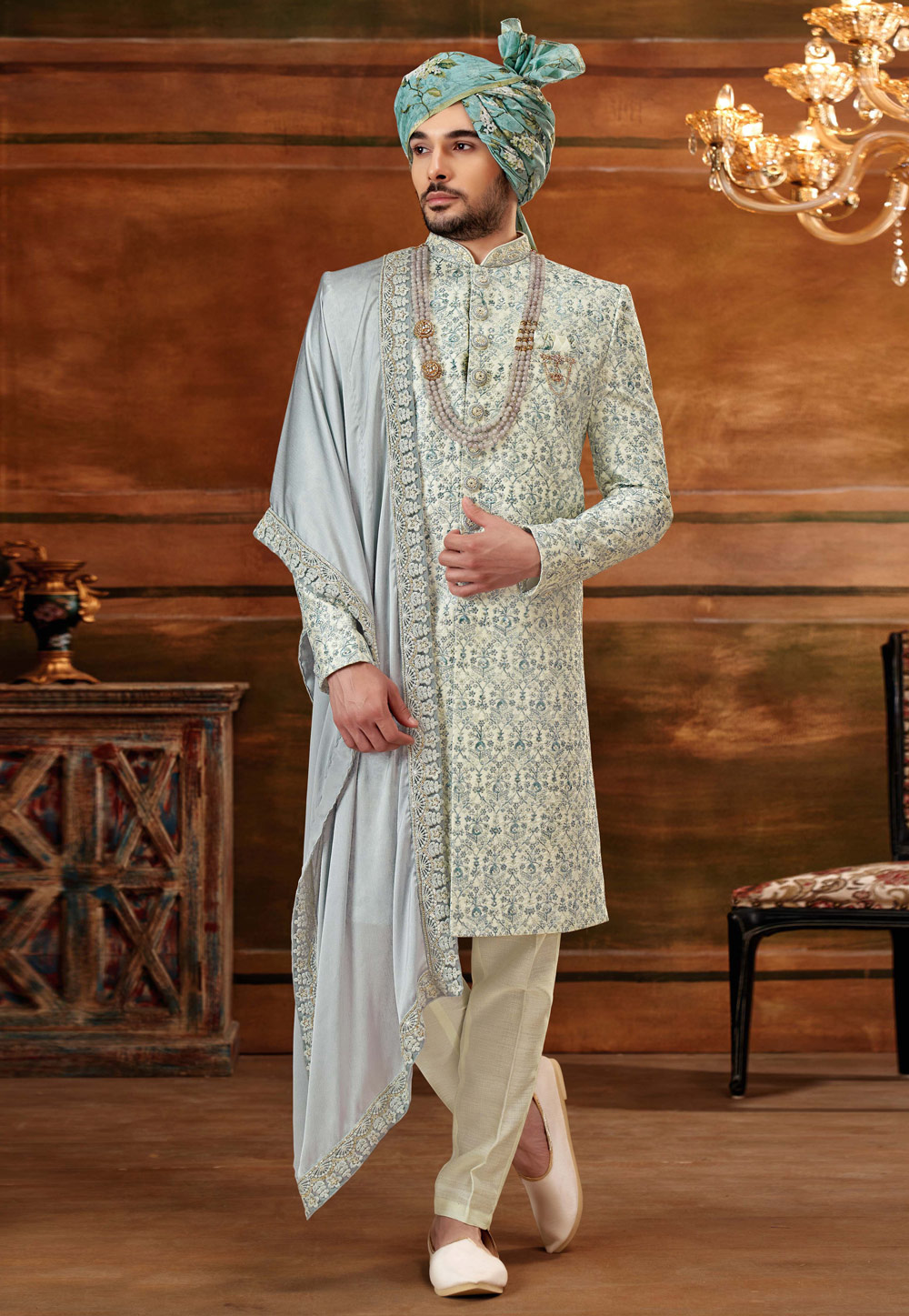 Sky Blue Art Silk Sherwani 252206