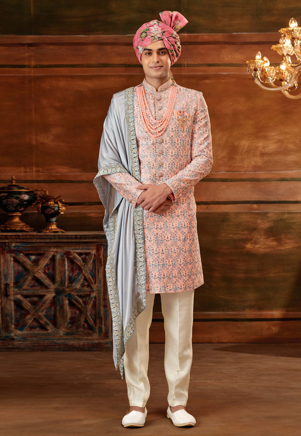 Peach Art Silk Sherwani 252207