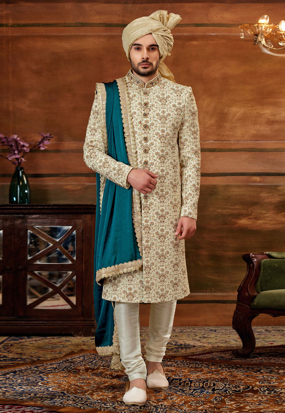 Cream Art Silk Sherwani 252208