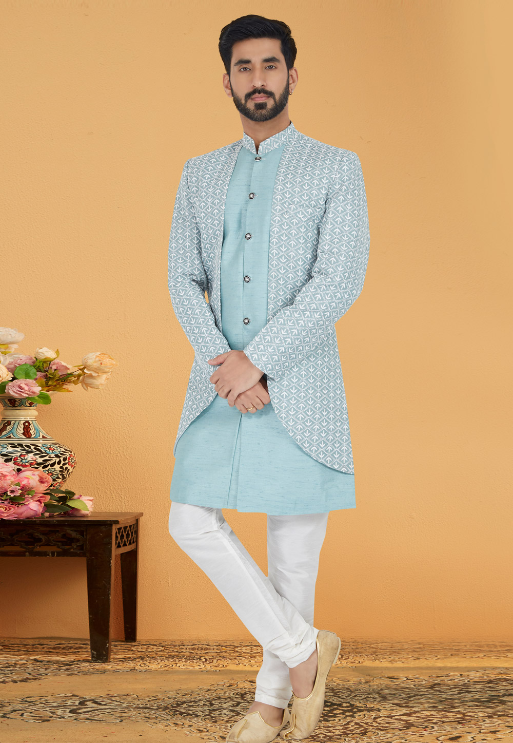 Sky Blue Silk Indo Western Suit 259863
