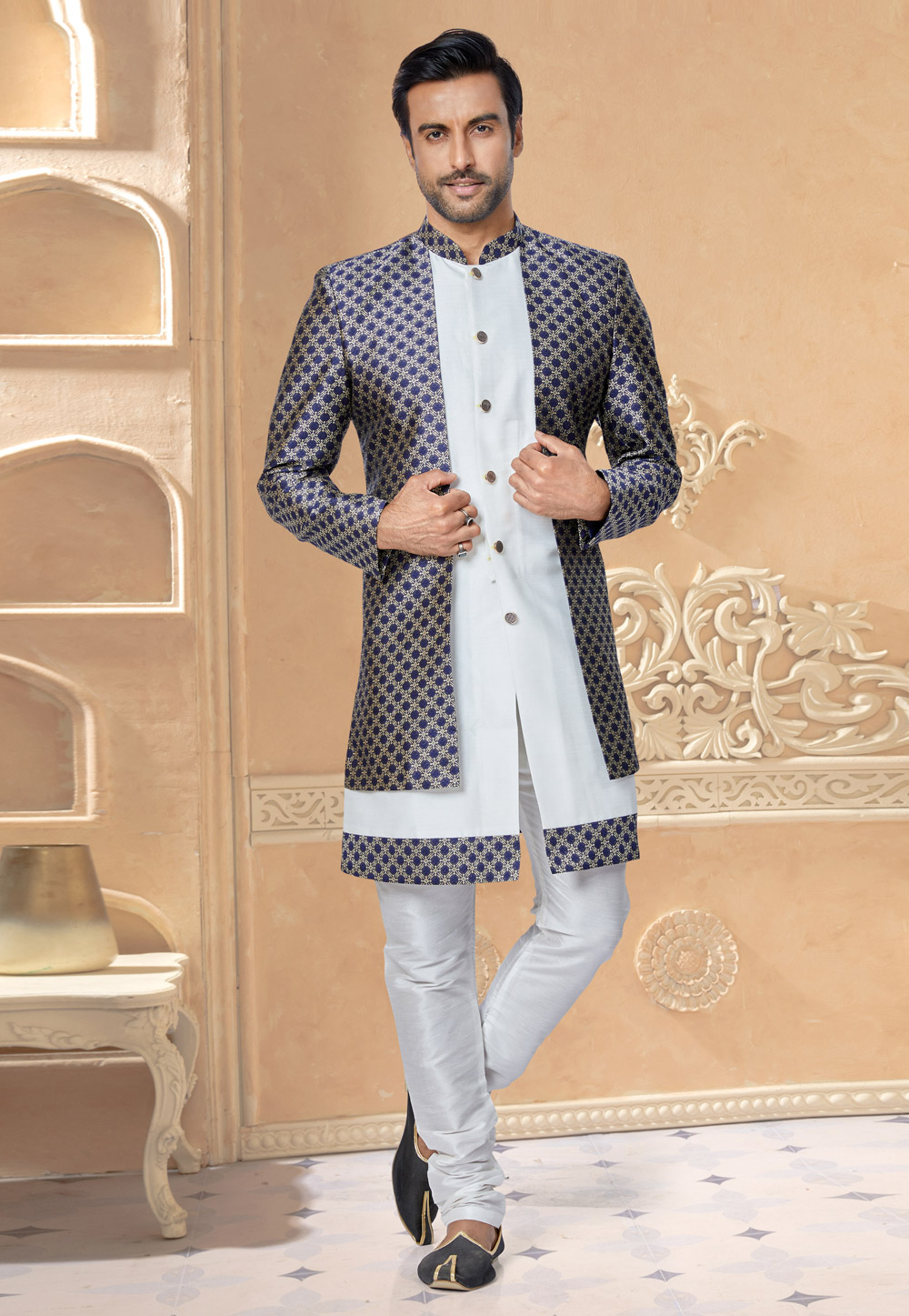 Navy Blue Jacquard Silk Indo Western Suit 259864