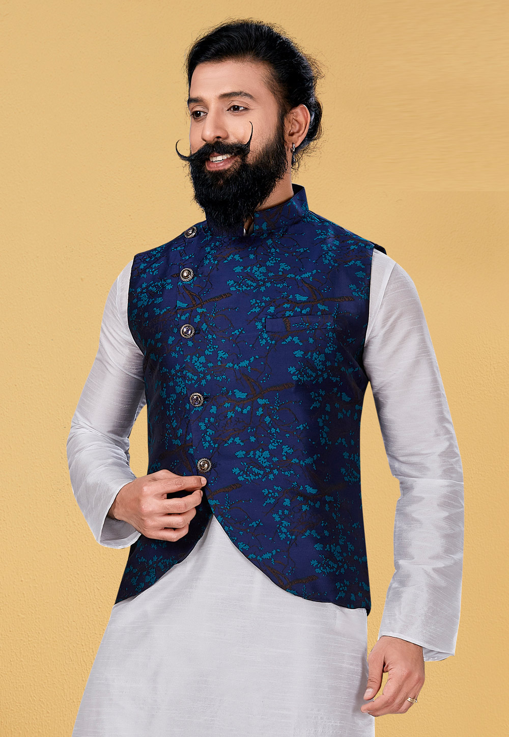 Navy Blue Silk Nehru Jacket 271548