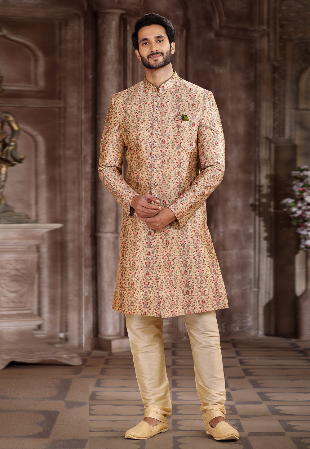 Peach Art Silk Achkan Style Sherwani 265889