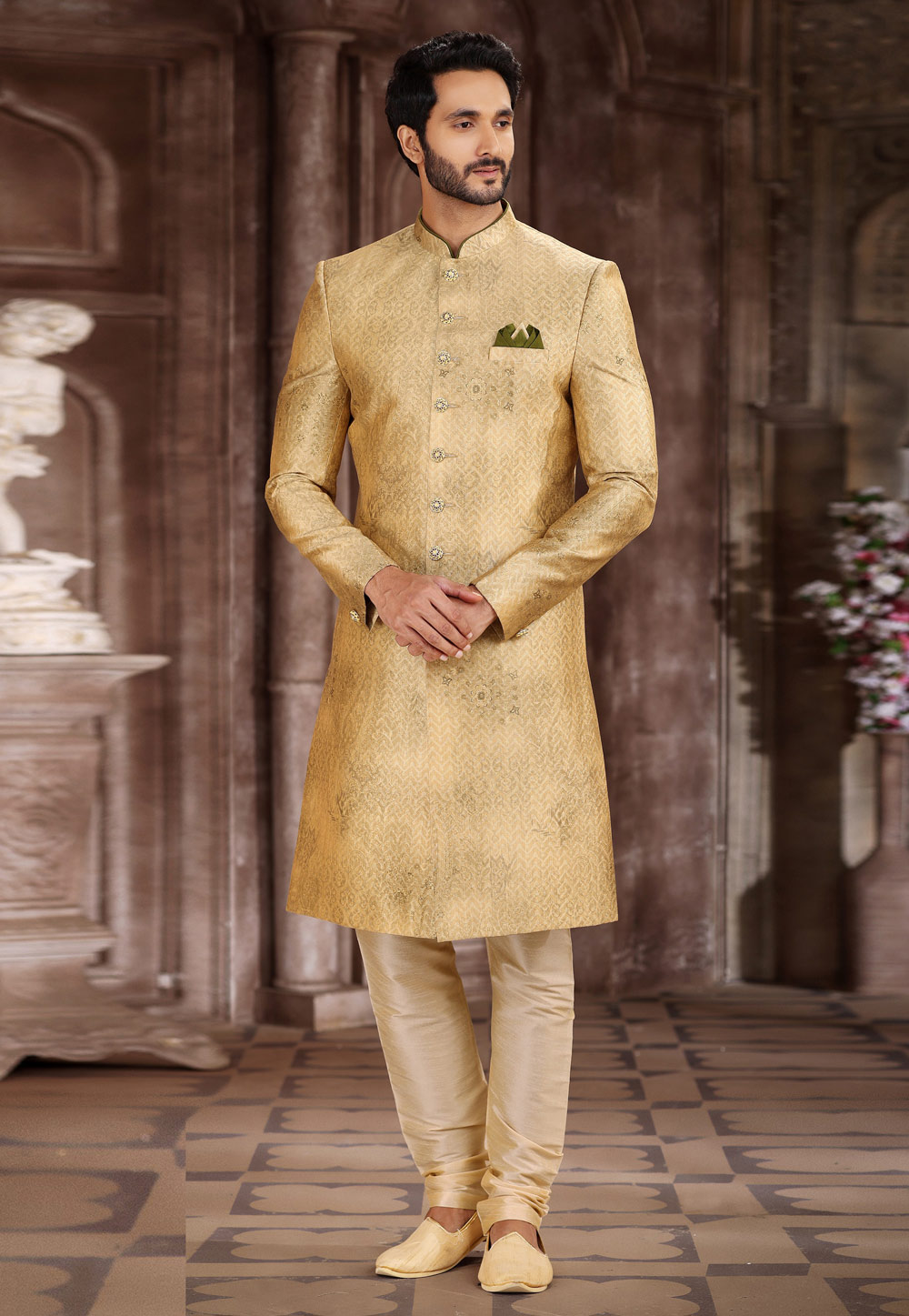 Golden Art Silk Achkan Style Sherwani 265891