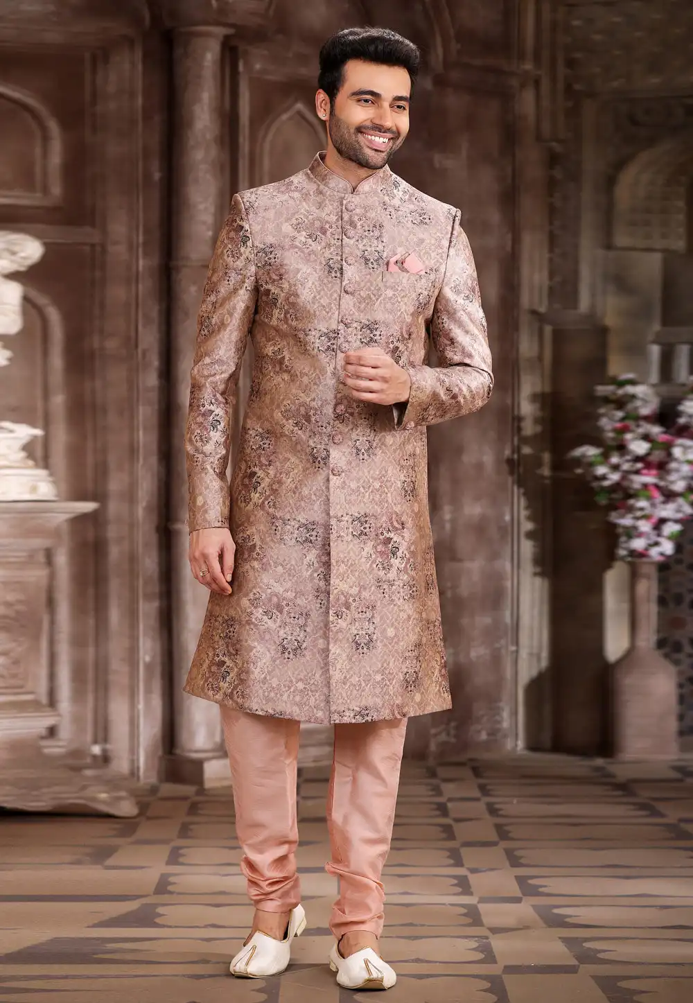 Light Pink Art Silk Achkan Style Sherwani 265894