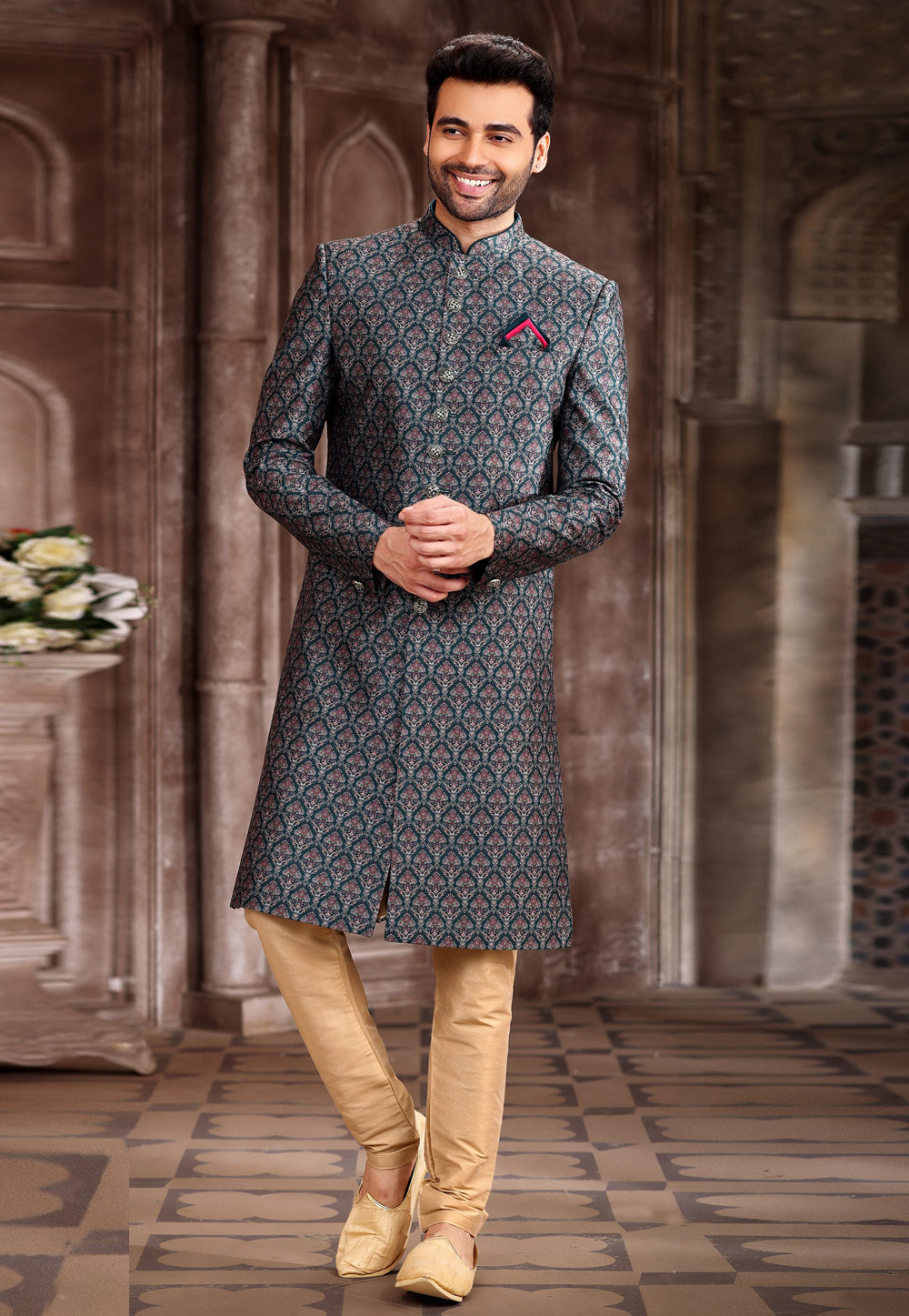 Teal Art Silk Achkan Style Sherwani 265897