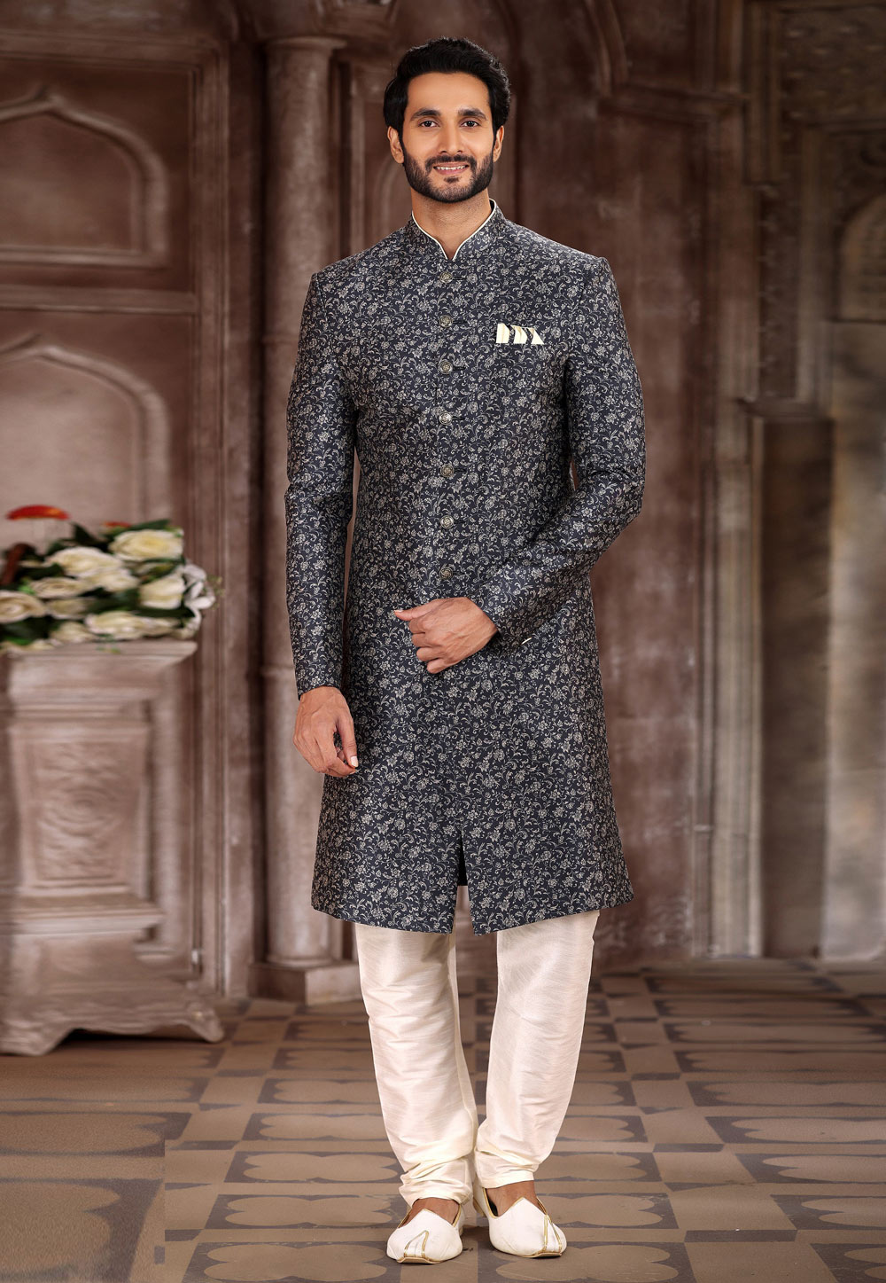 Black Art Silk Achkan Style Sherwani 265898