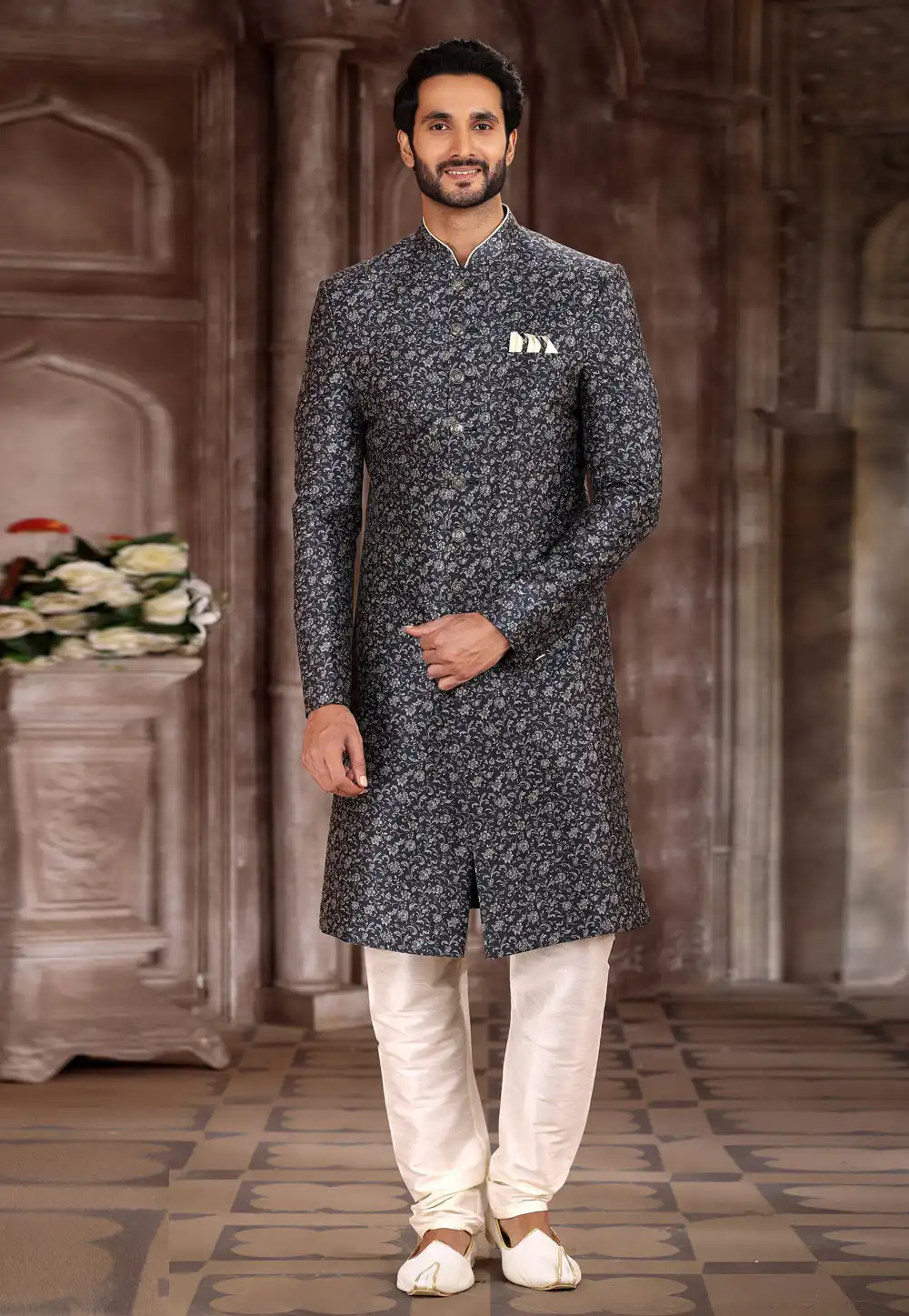Black Art Silk Achkan Style Sherwani 265898