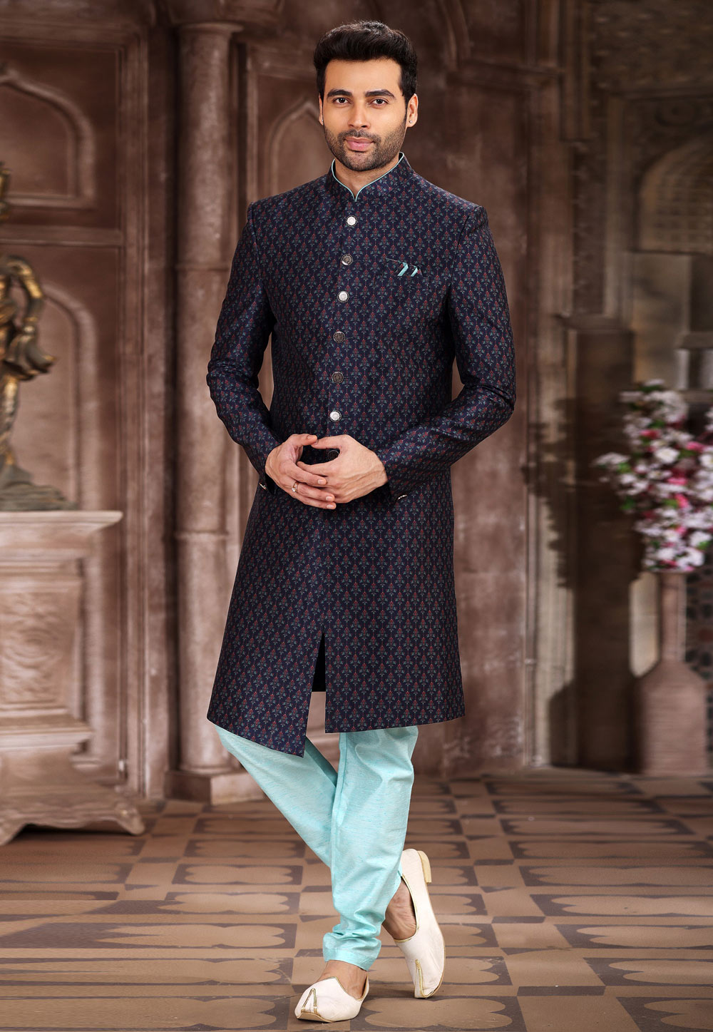 Navy Blue Art Silk Indo Western Sherwani 265899