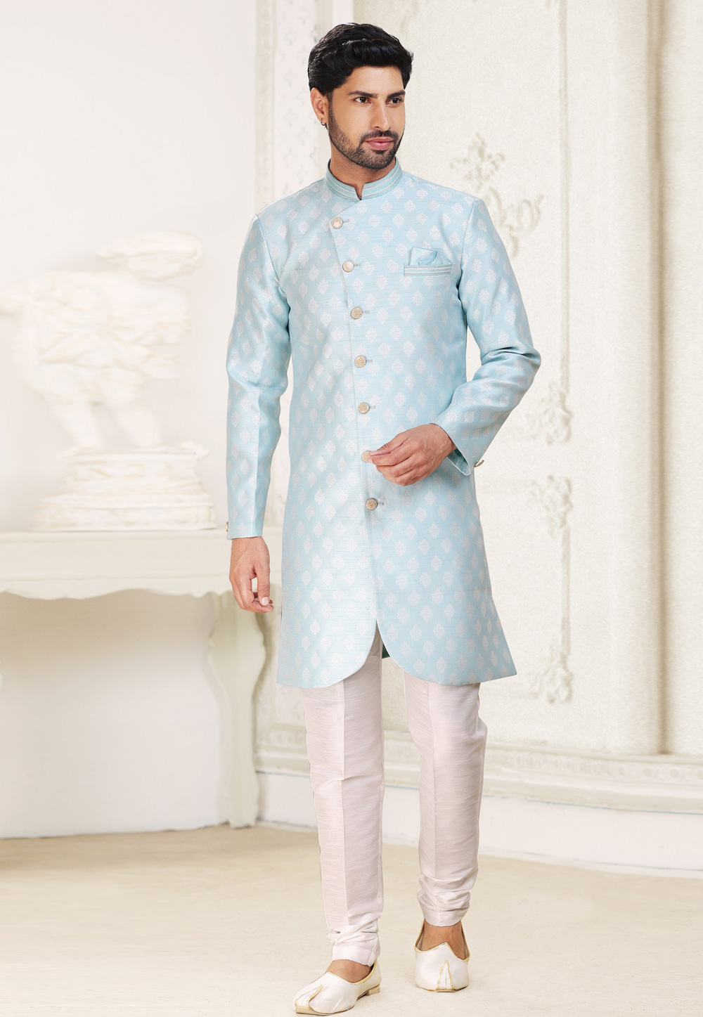 Sky Blue Banarasi Jacquard Indo Western Sherwani 265900