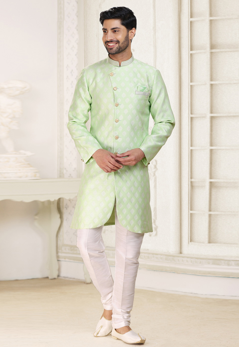 Pista Green Banarasi Jacquard Indo Western Sherwani 265901