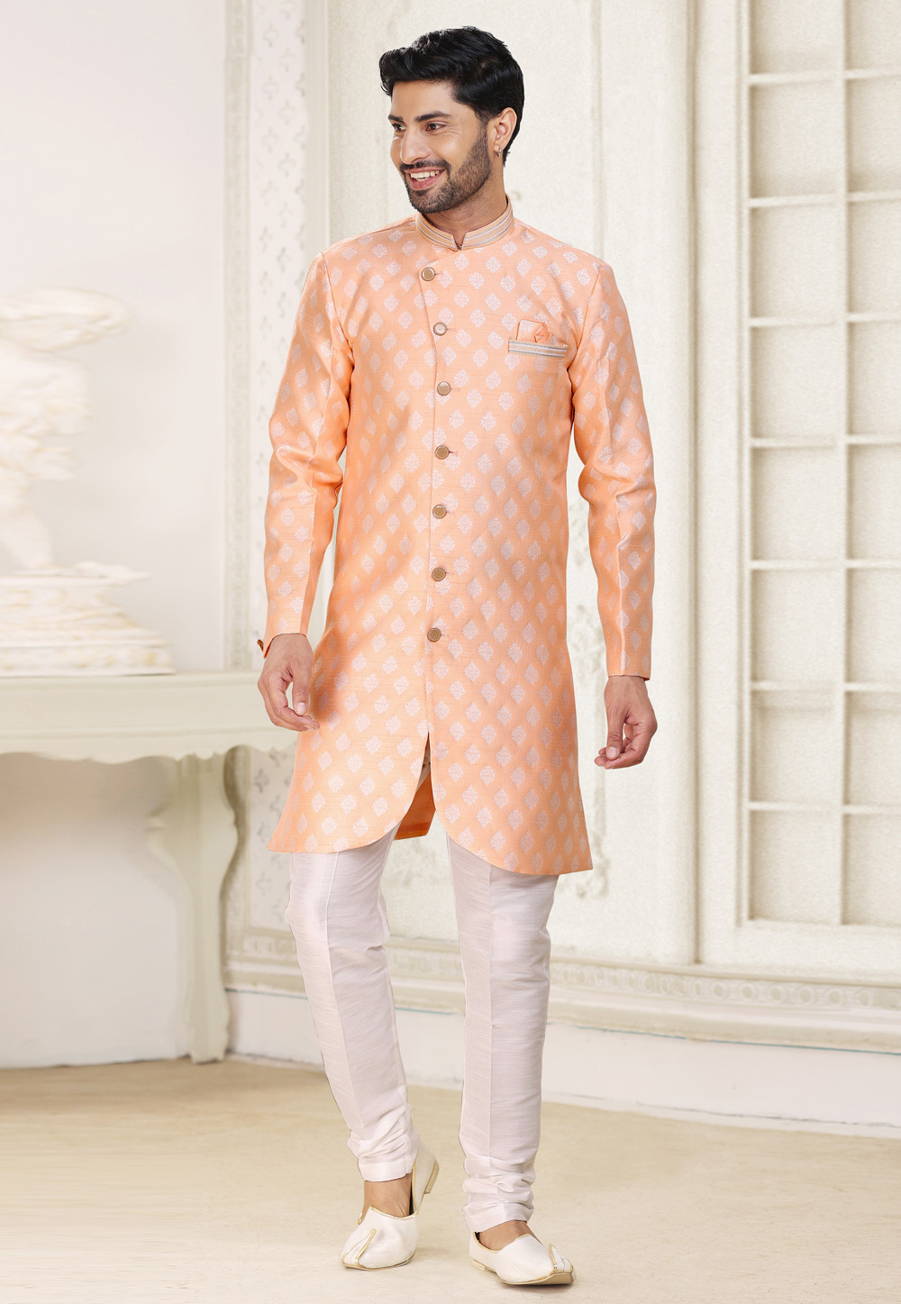 Peach Banarasi Jacquard Indo Western Sherwani 265902
