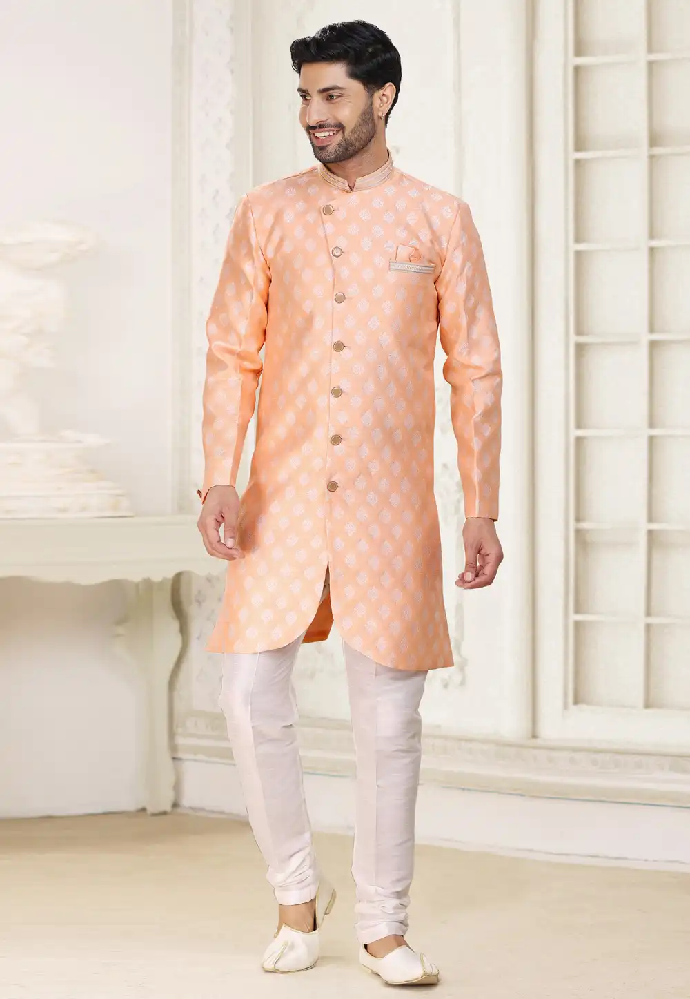 Peach Banarasi Jacquard Indo Western Sherwani 265902