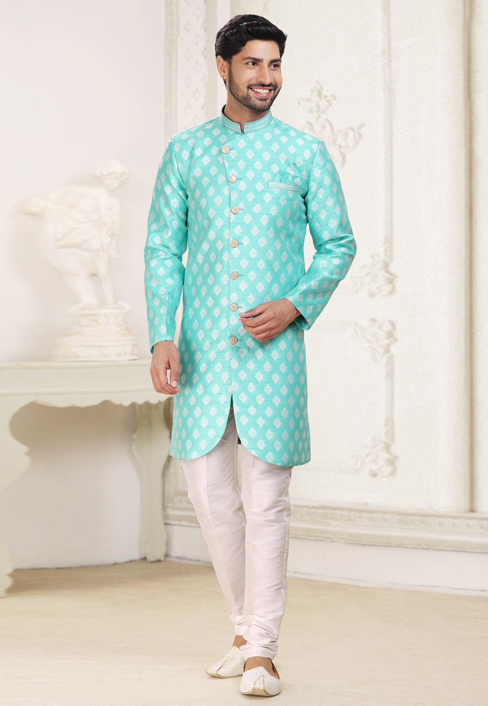 Aqua Banarasi Jacquard Indo Western Sherwani 265903