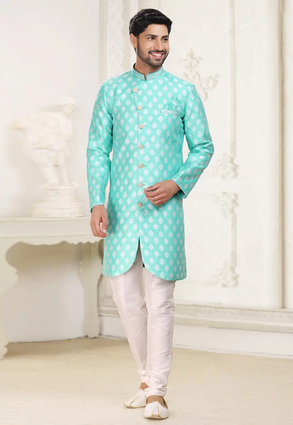 Aqua Banarasi Jacquard Indo Western Sherwani 265903