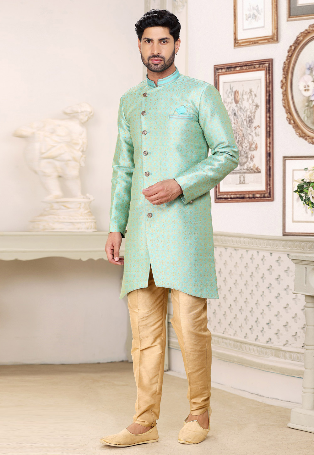Sea Green Banarasi Jacquard Indo Western Sherwani 265905