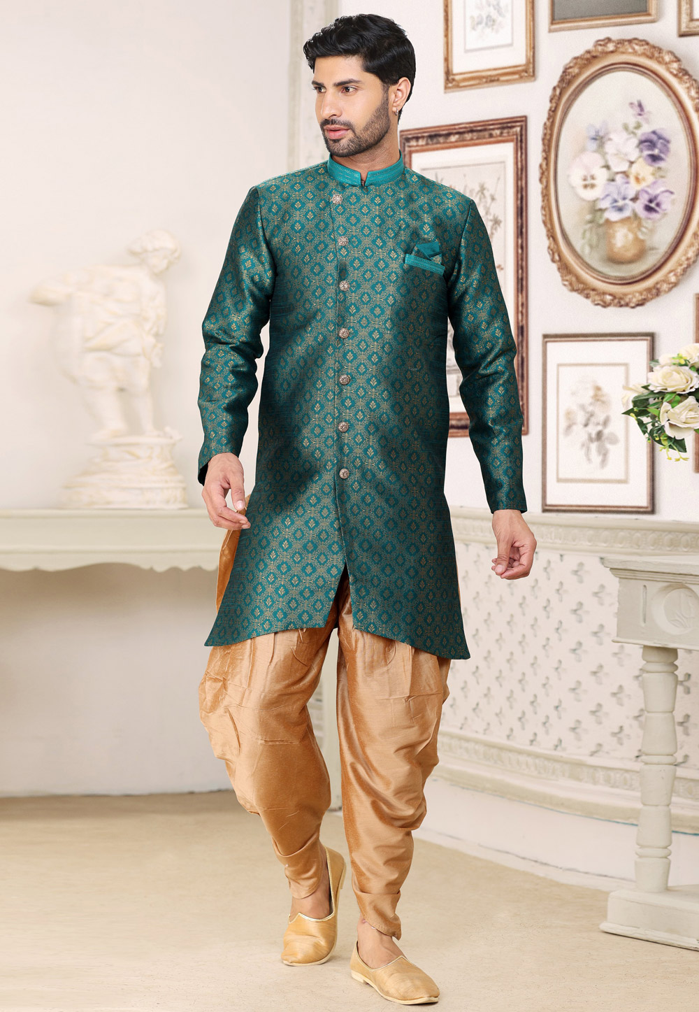 Teal Banarasi Jacquard Dhoti Sherwani 265906