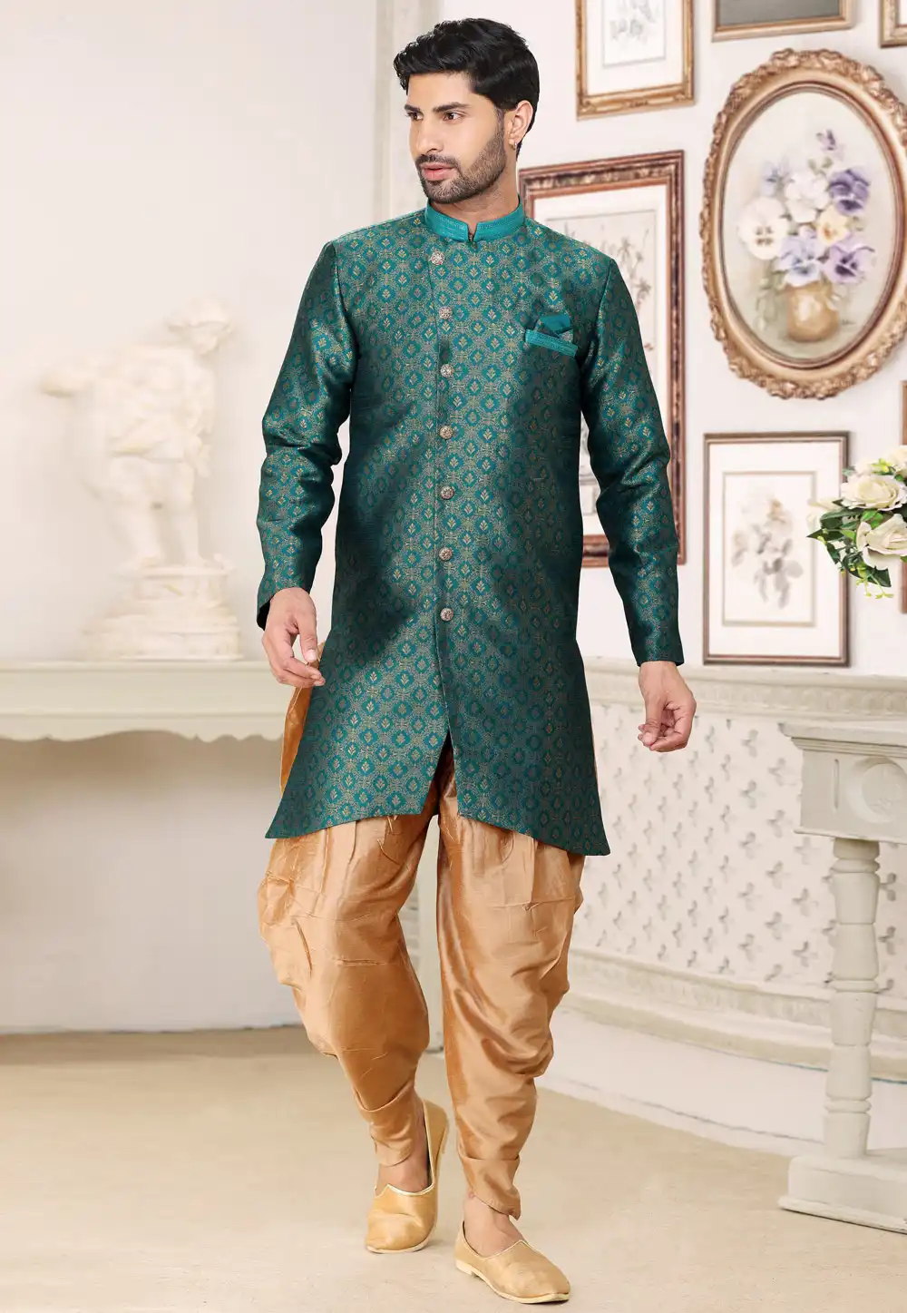 Teal Banarasi Jacquard Dhoti Sherwani 265906