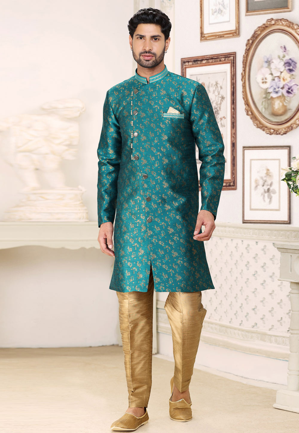 Teal Banarasi Jacquard Achkan Style Sherwani 265908