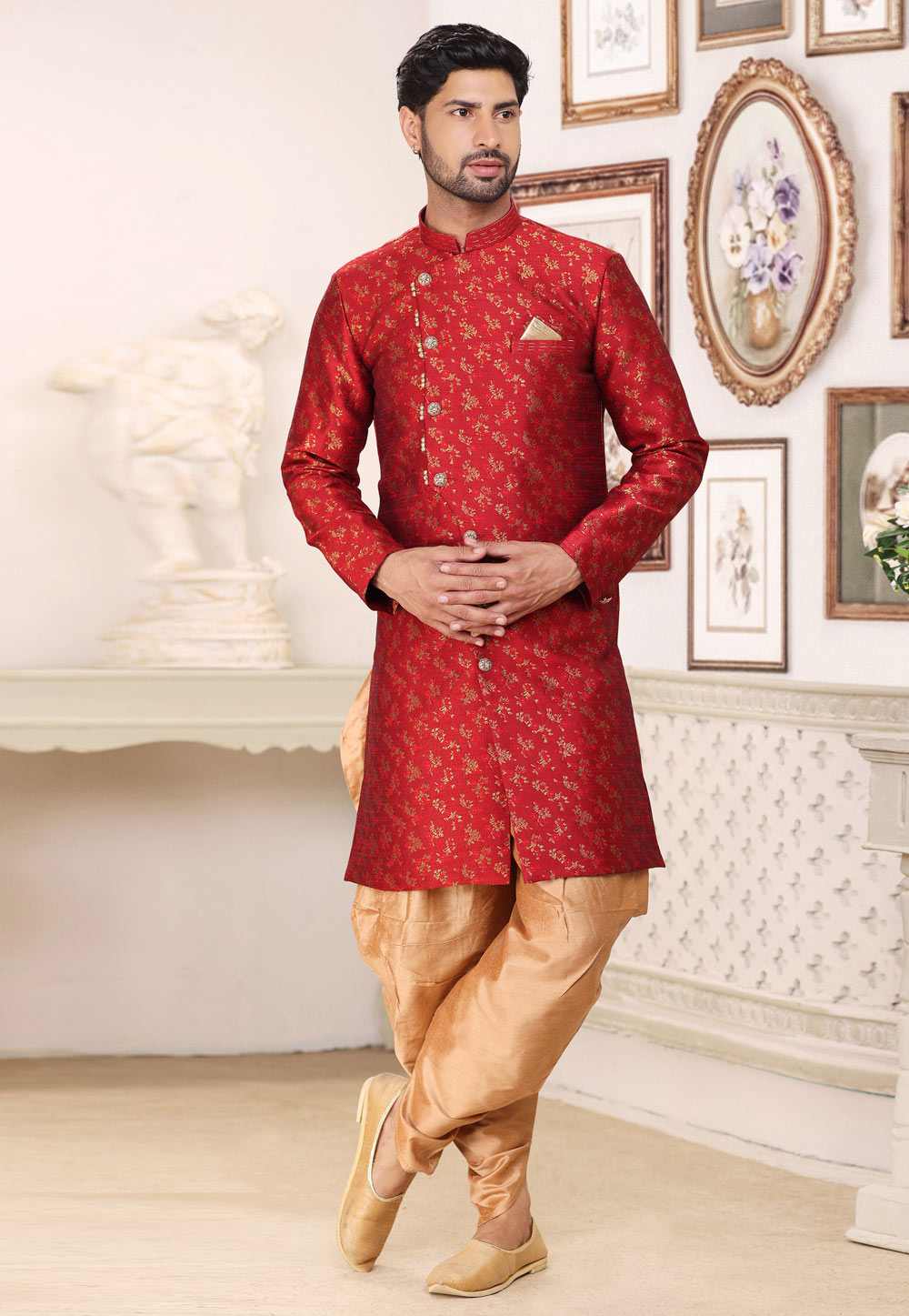 Maroon Banarasi Jacquard Dhoti Sherwani 265909