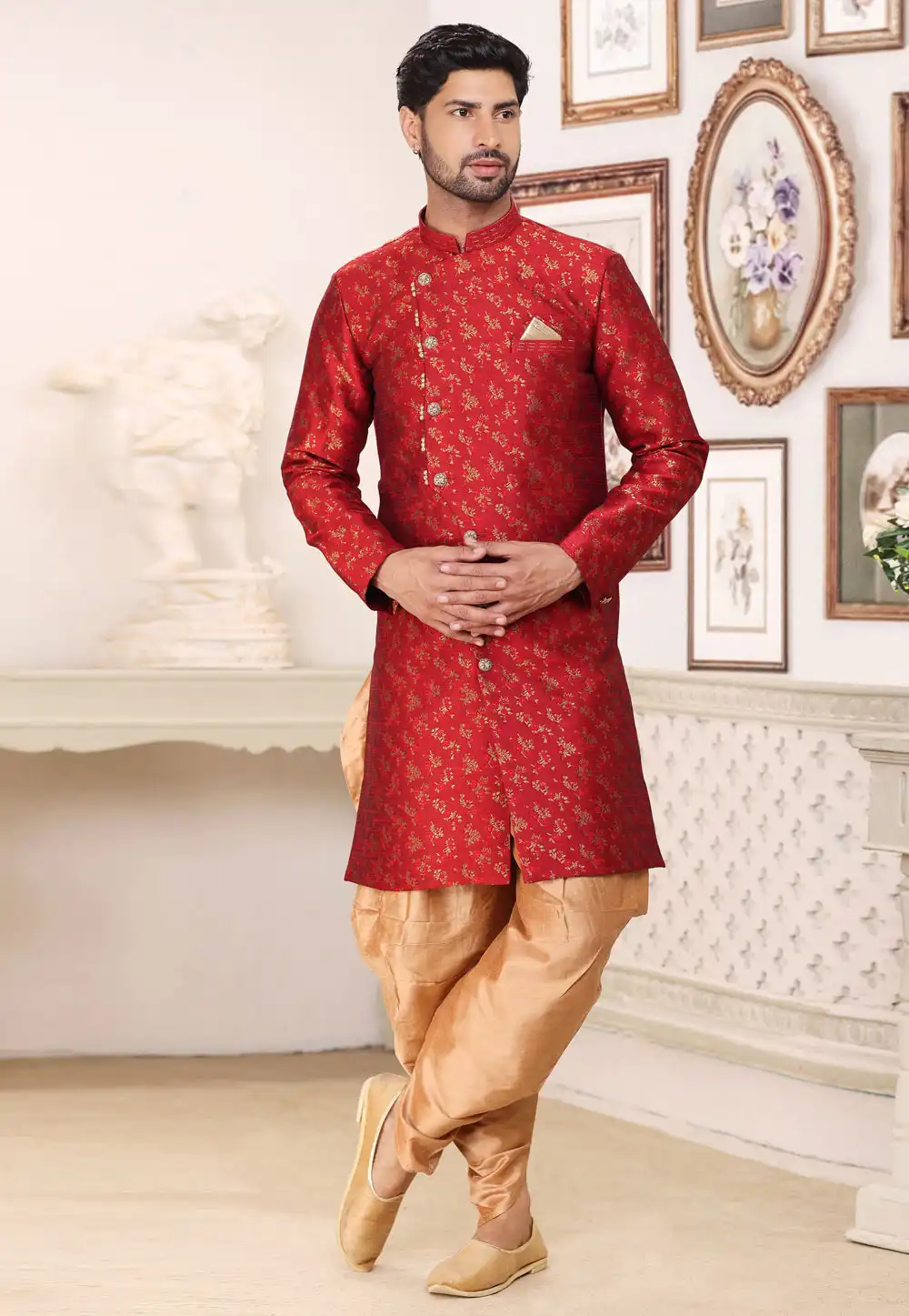 Maroon Banarasi Jacquard Dhoti Sherwani 265909
